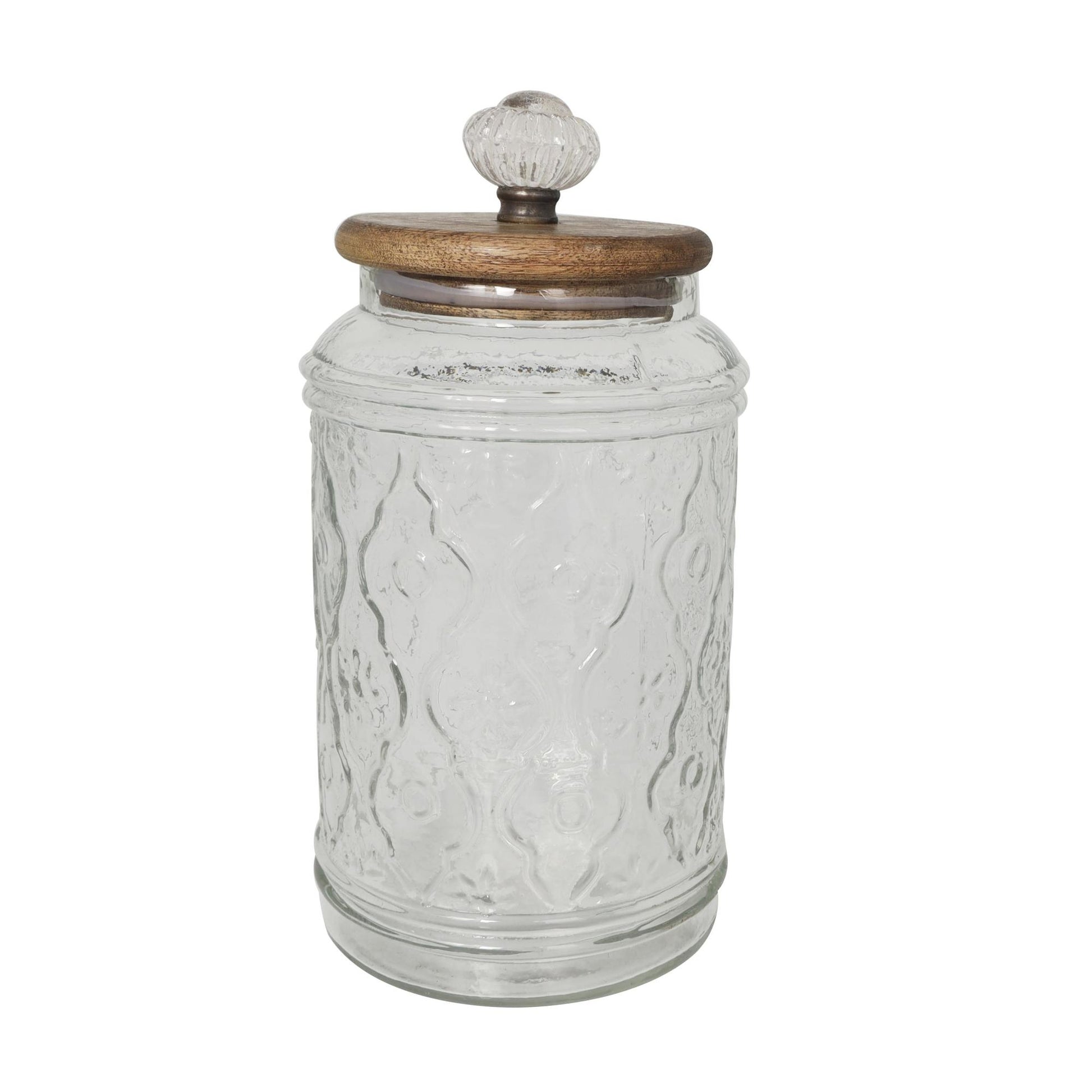 Set of 2 Floral Clear Glass Living Room Decorative Jars with Brown Wooden Lids and Antique Style Knobs