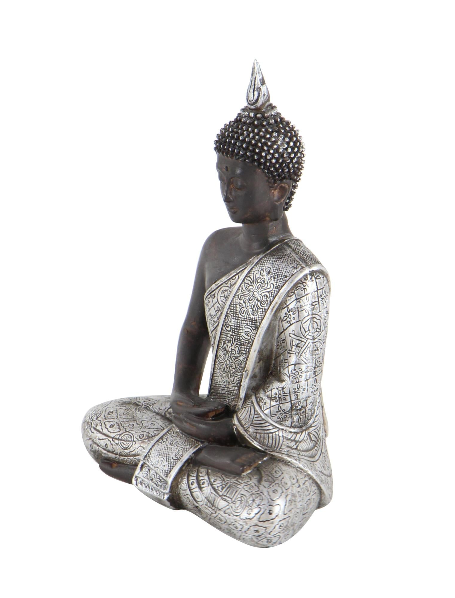 Buddha Silver Polystone Meditating Decorative Sculpture with Engraved Carvings and Relief Detailing