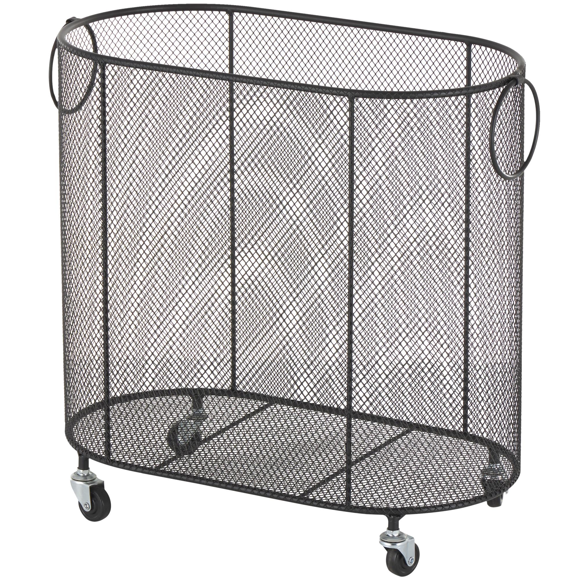 Metal Oval Mesh Wire Rolling Laundry Mobile Storage Cart with Ring Handles