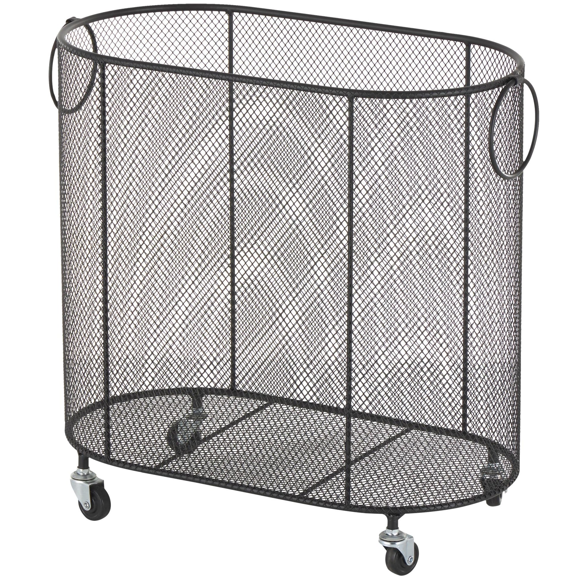 Metal Oval Mesh Wire Rolling Laundry Mobile Storage Cart with Ring Handles