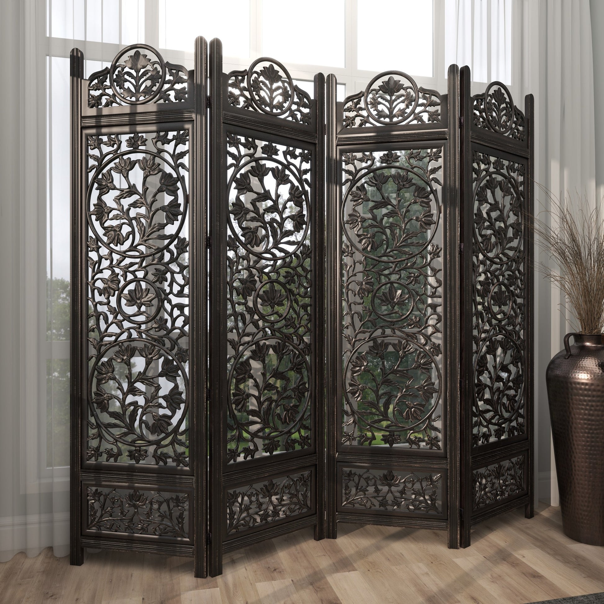 Floral Black Wood Handmade Foldable Partition Carved 4 Panel Partition Room Divider Screen