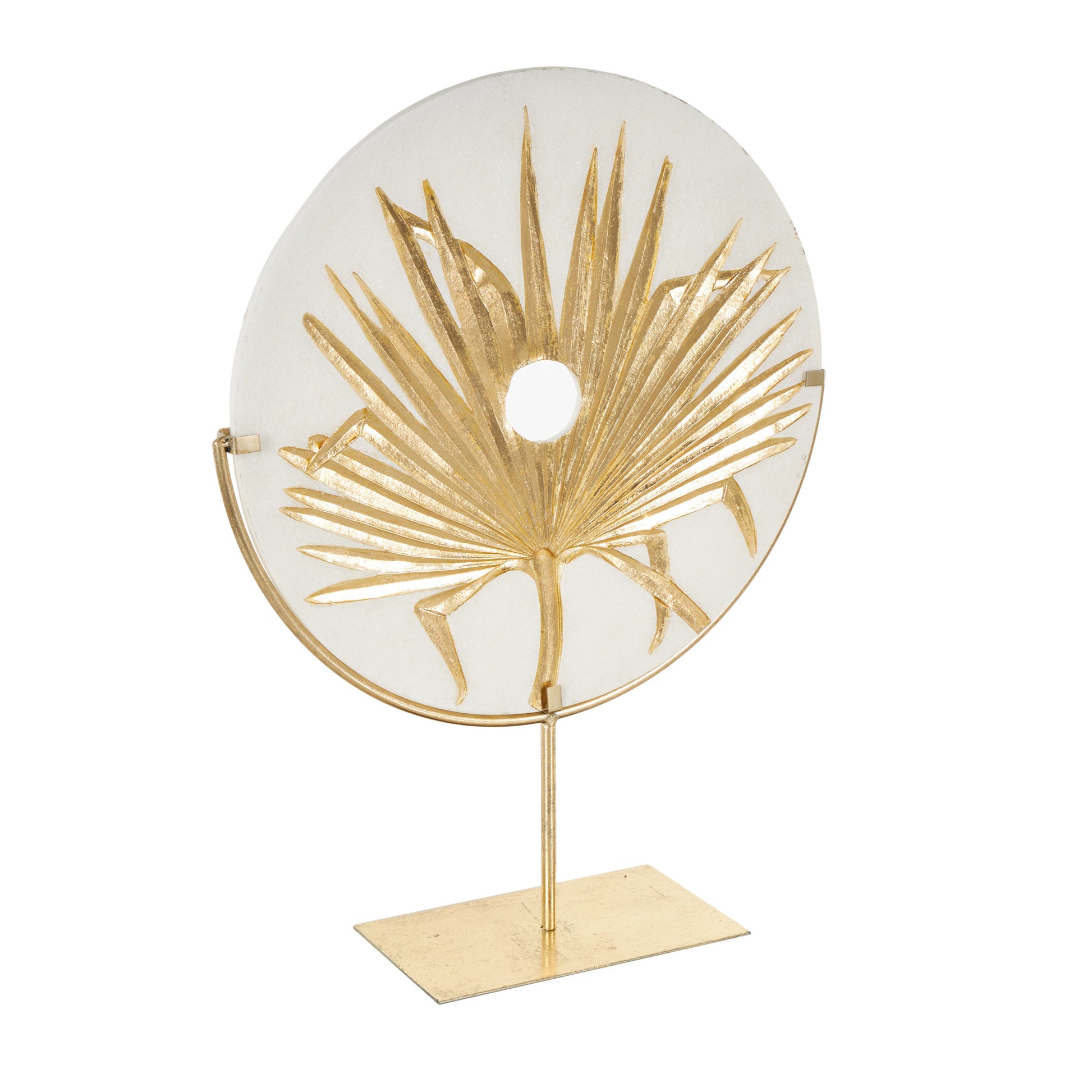 Leaf White Polystone Cutout Round Disk Decorative Sculpture with Gold Stand