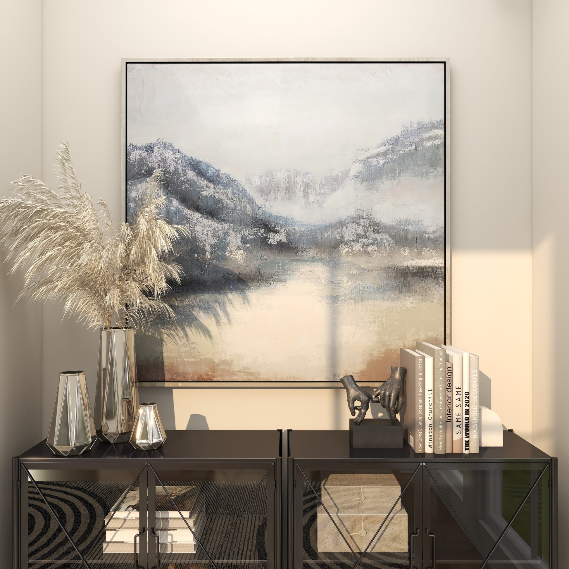 Landscape Blue Canvas Lake and Mountain Living Room Framed Wall Art with Silver Foil Accents