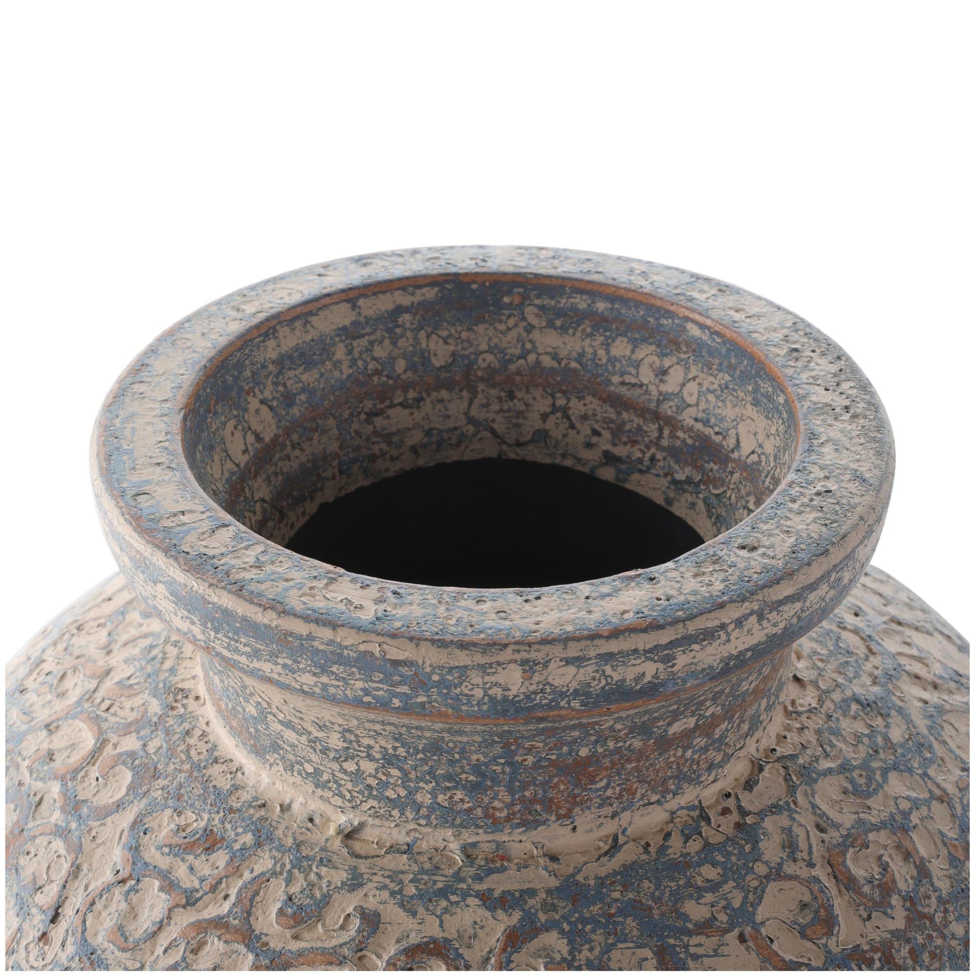 Scroll Beige Ceramic Handmade Antique Style Wide Rounded Decorative Vase with Blue and Copper Accents