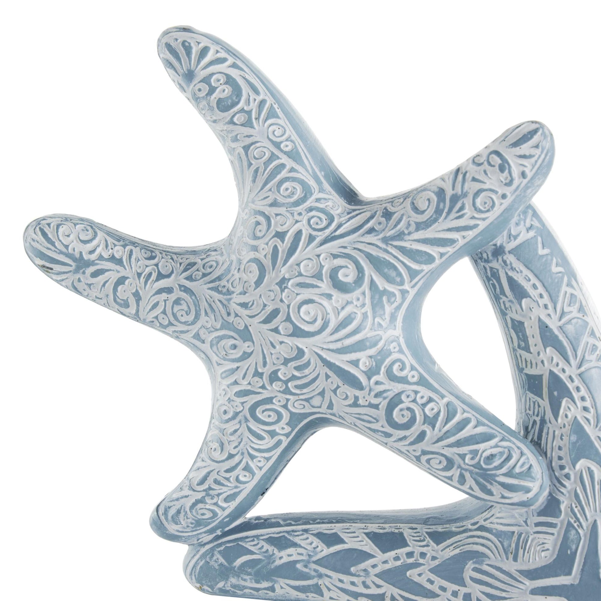 Starfish Blue Polystone Stacked Decorative Sculpture with Engraved Floral and Scroll Patterns