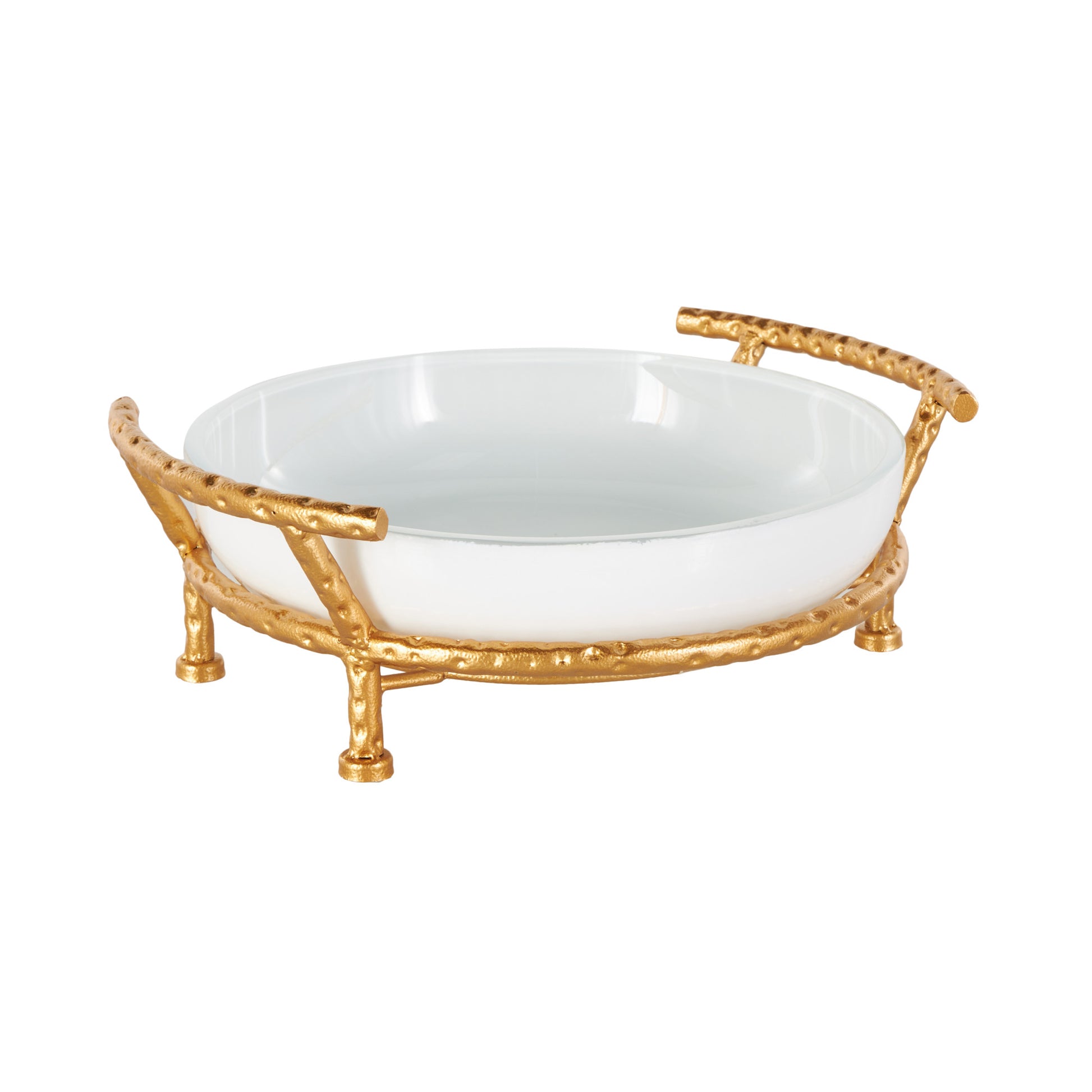 Kitchen White Tempered Glass Decorative Serving Bowl with Gold Metal Stand