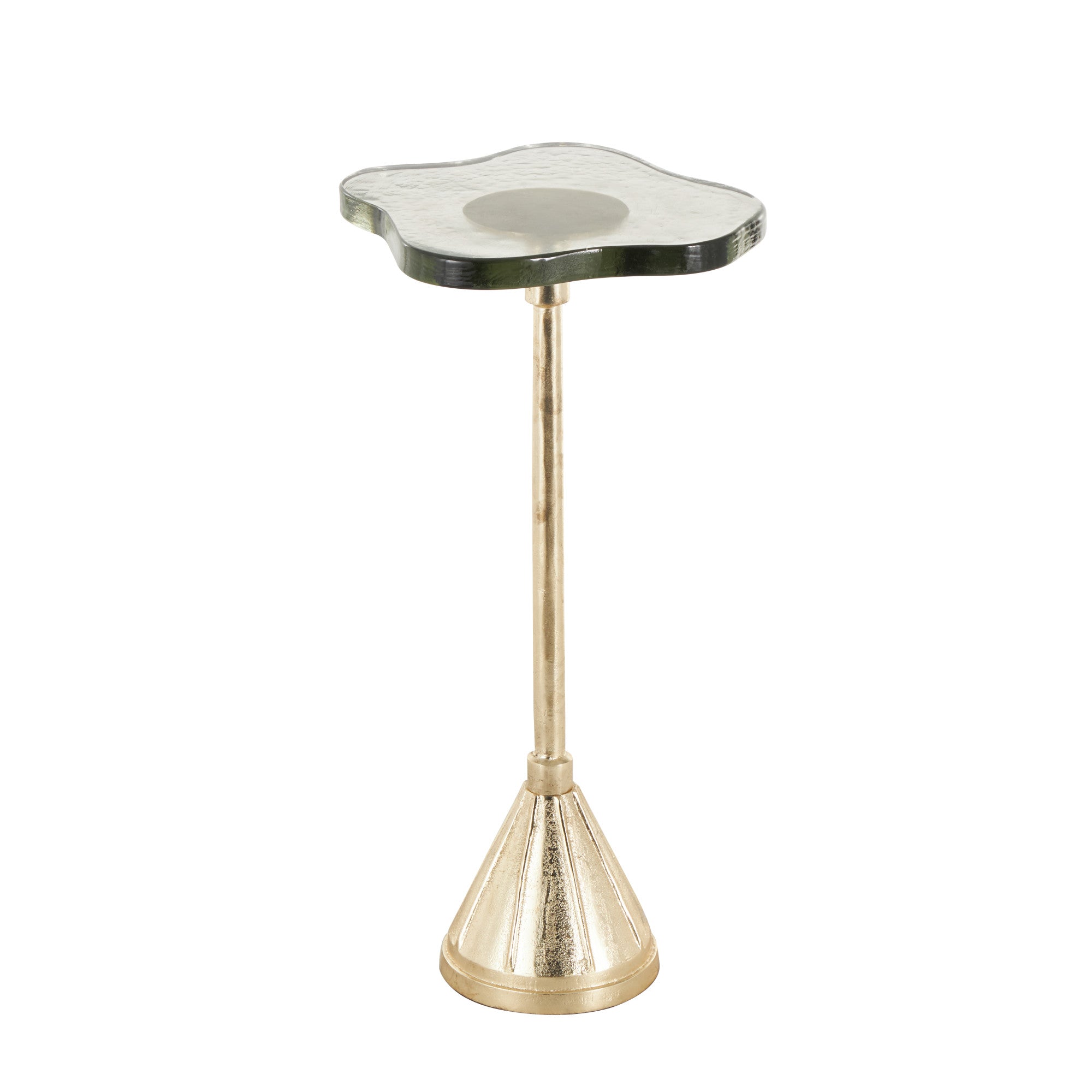 Gold Aluminum Metal Pedestal Side End Accent Table with Textured Glass Tabletop