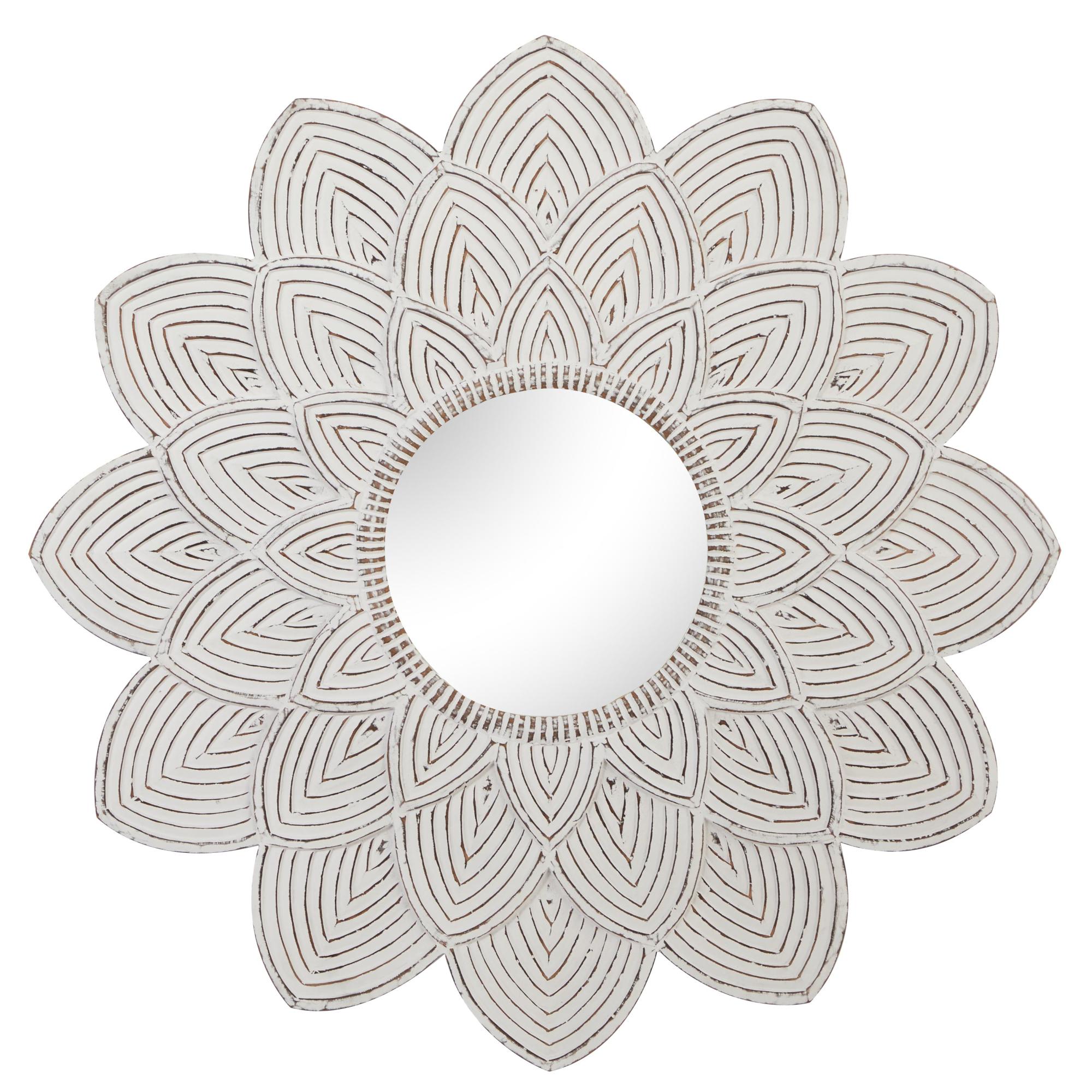 Floral White Wooden Carved Room Wall Mirror with Overlapping Petals