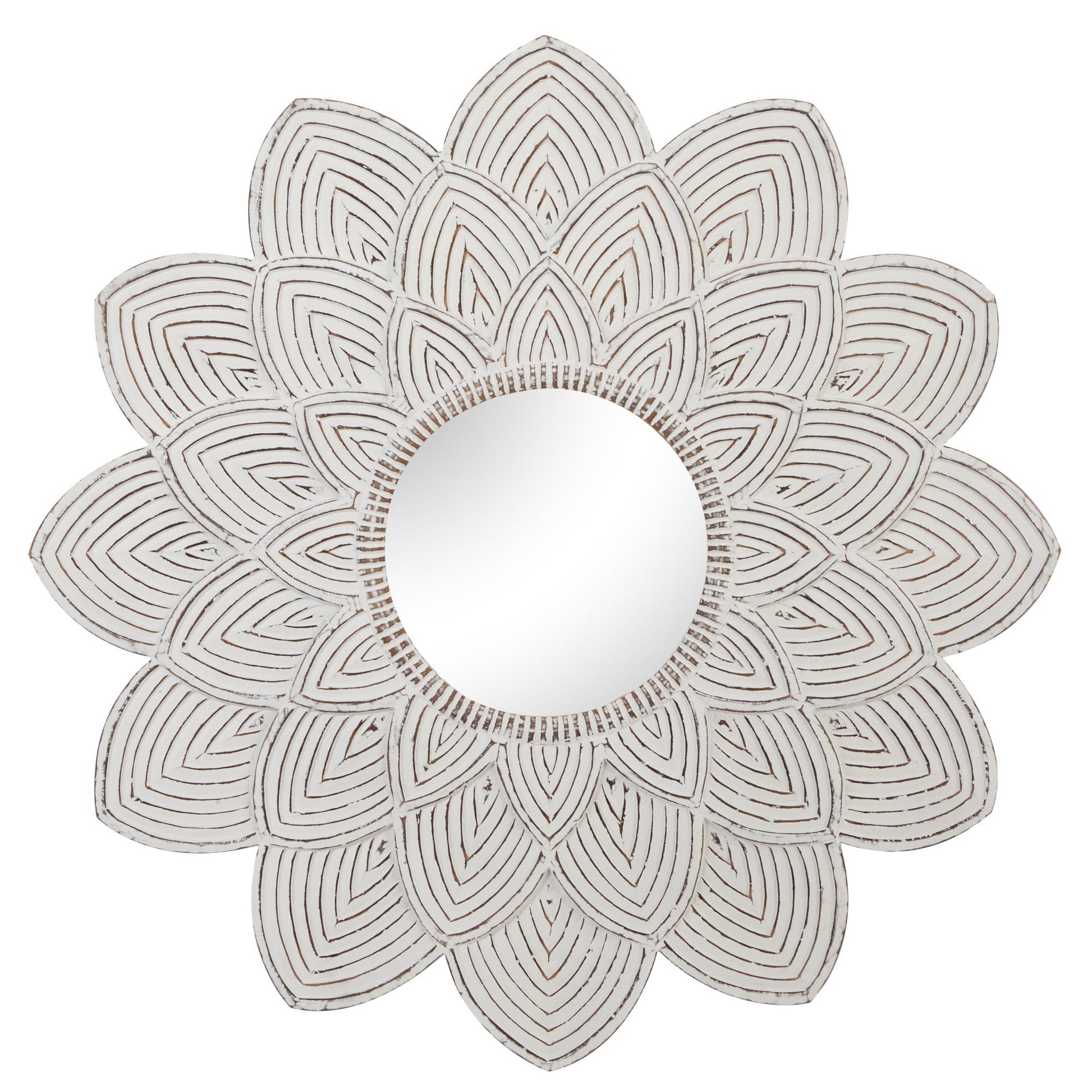 Floral White Wooden Carved Room Wall Mirror with Overlapping Petals