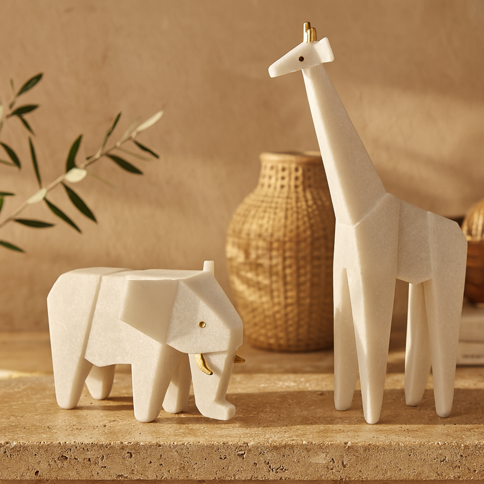 Set of 2 Elephant, Giraffe White Polystone Cubist Inspired Decorative Sculpture with Gold Accents