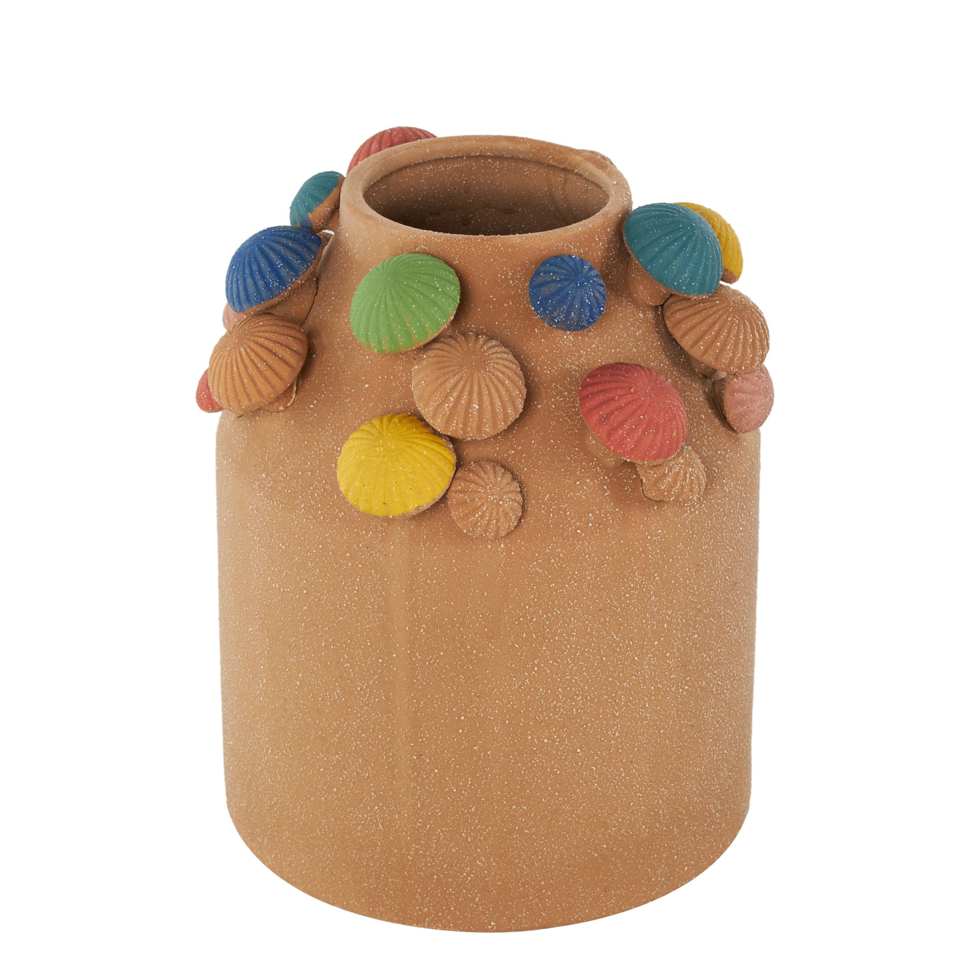 Mushroom Brown Ceramic Round Wide Decorative Vase with Multicolor Accents and White Speckles