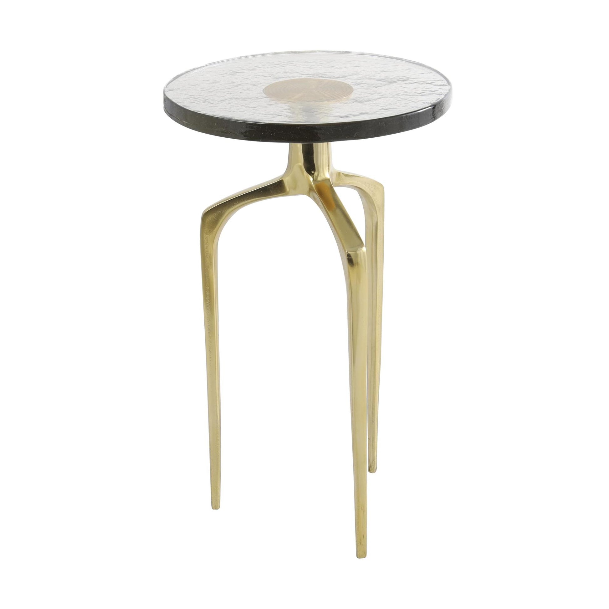 Aluminum Metal Small Tripod Side End Accent Table with Textured Glass Tabletop