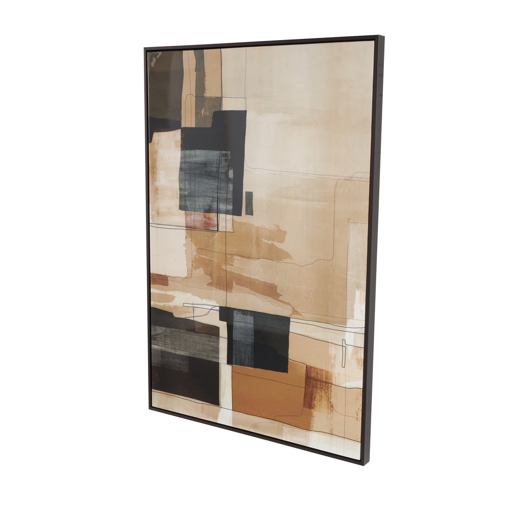Geometric Beige Canvas Living Room Framed Wall Art with Black and Brown Accents