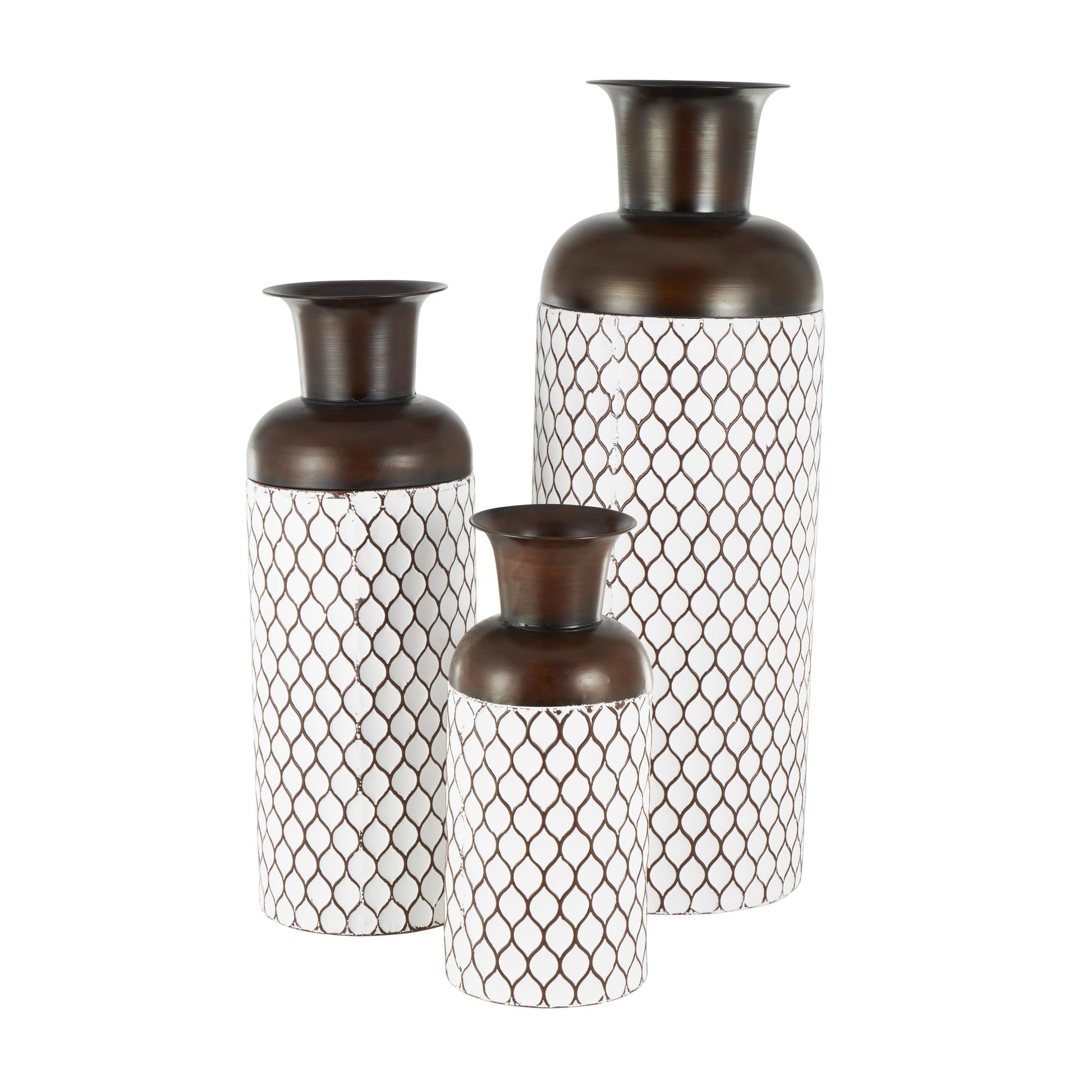 Set of 3 White Metal Tall Teardrop Shaped Decorative Vase with Brown Trumpet Tops