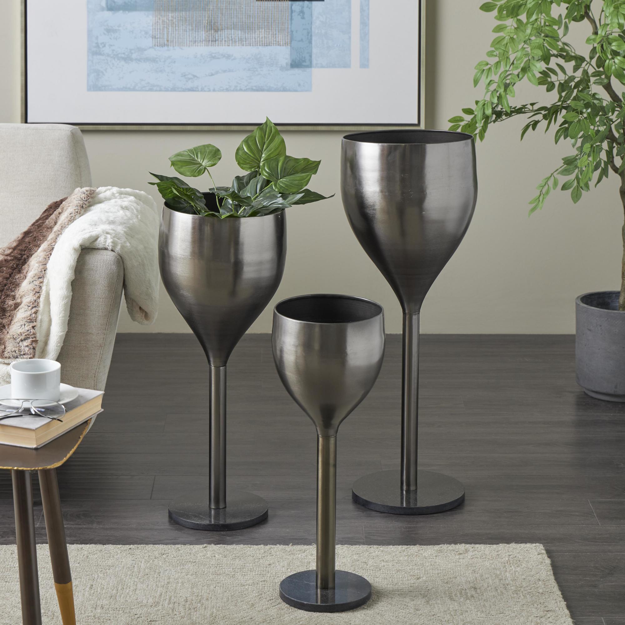 Set of 3 Wine Silver Metal Glass Inspired Indoor Outdoor Planter with Black Marble Base