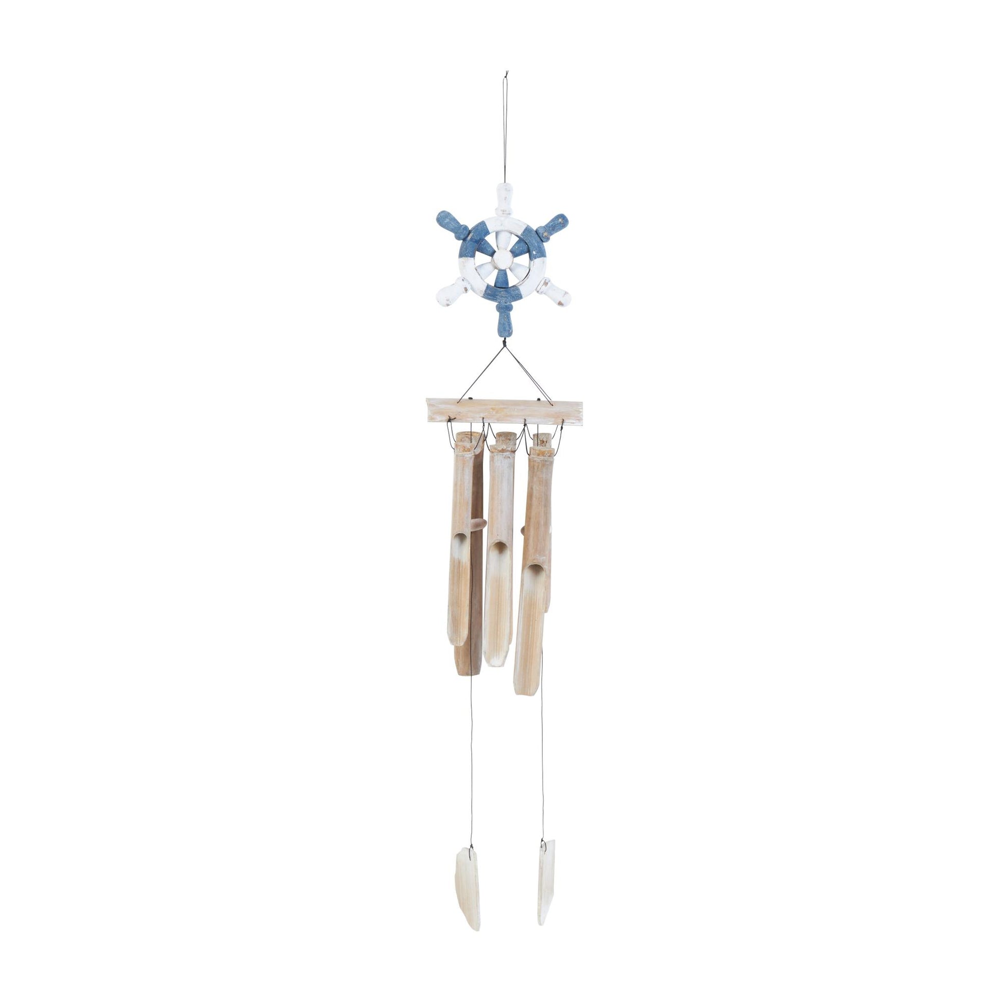 Ship Wheel Blue Bamboo Wood Handmade Indoor Outdoor Windchime with Log Chimes