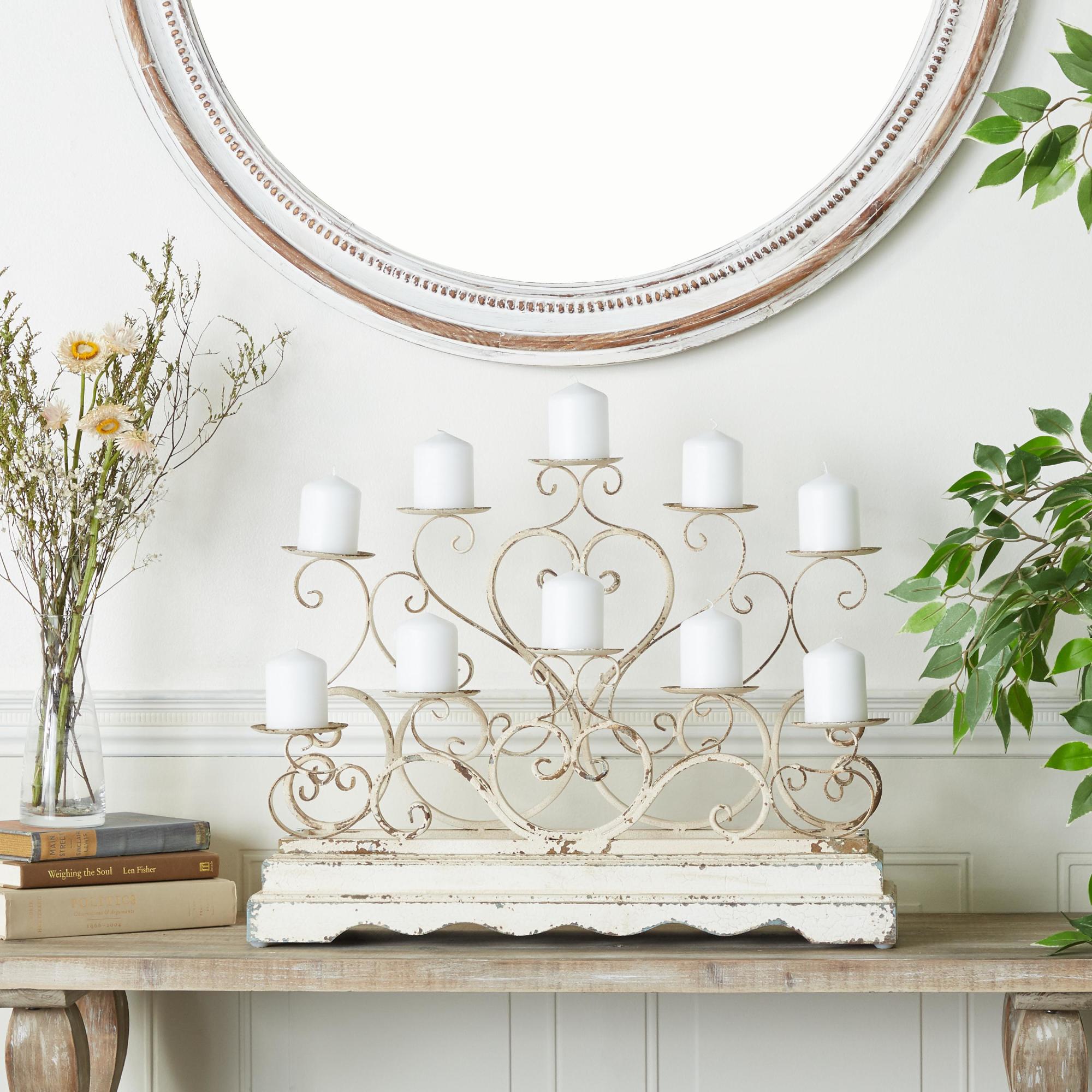 Scroll White Metal Pillar 10 Plate Decorative Candelabra