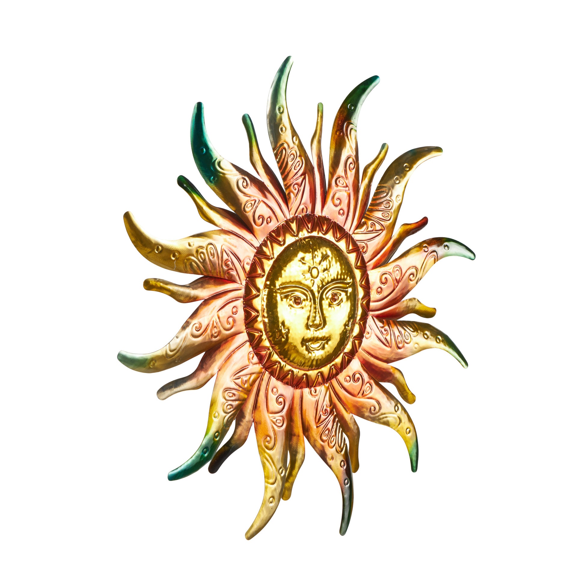 Sun Gold Stainless Steel Metal Face Home Wall Decor with Red, Green, and Orange Accents