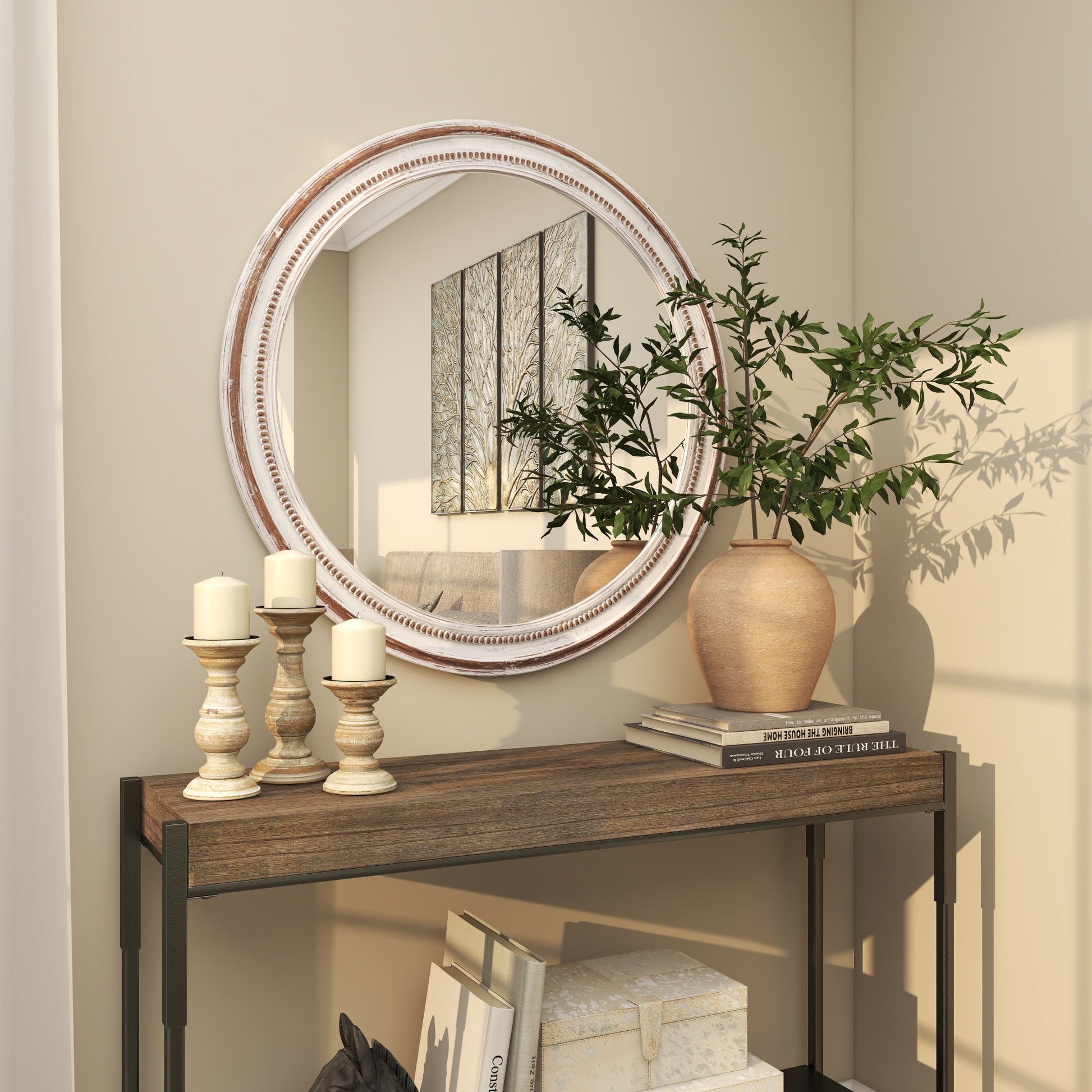 White Wood Room Wall Mirror with Bead Detailing