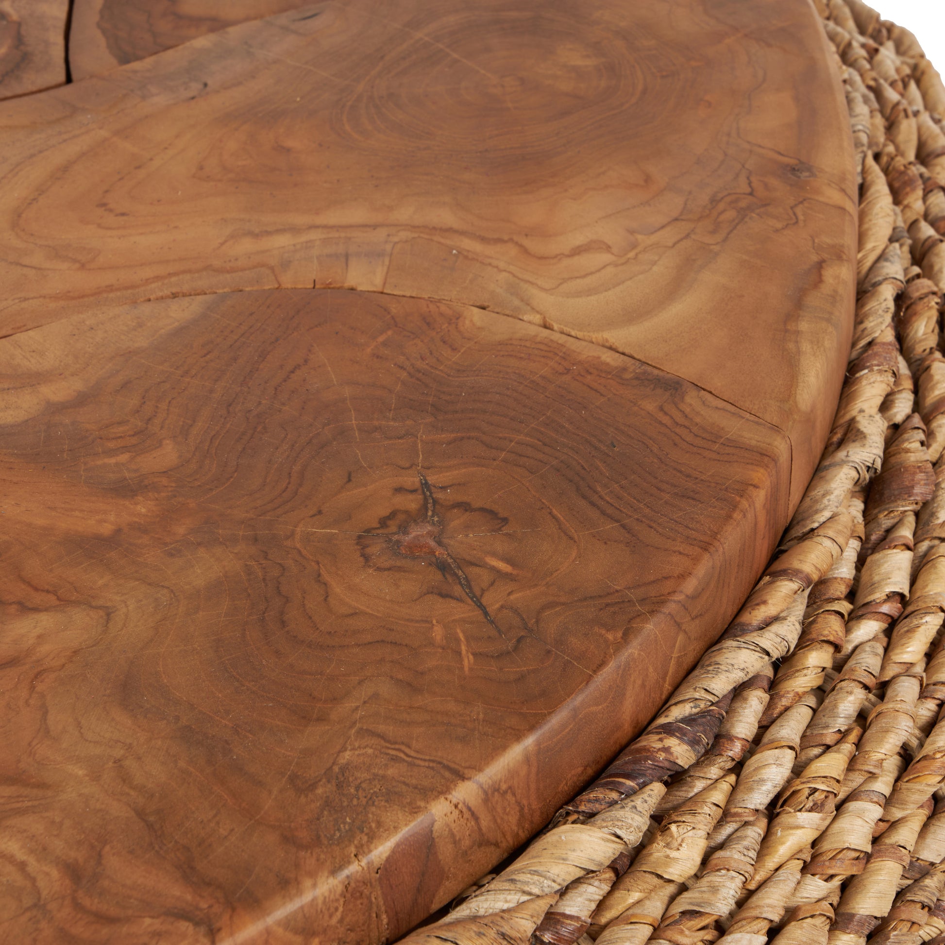 Brown Rattan Wrapped Living Room Coffee Table with Teak Tabletop