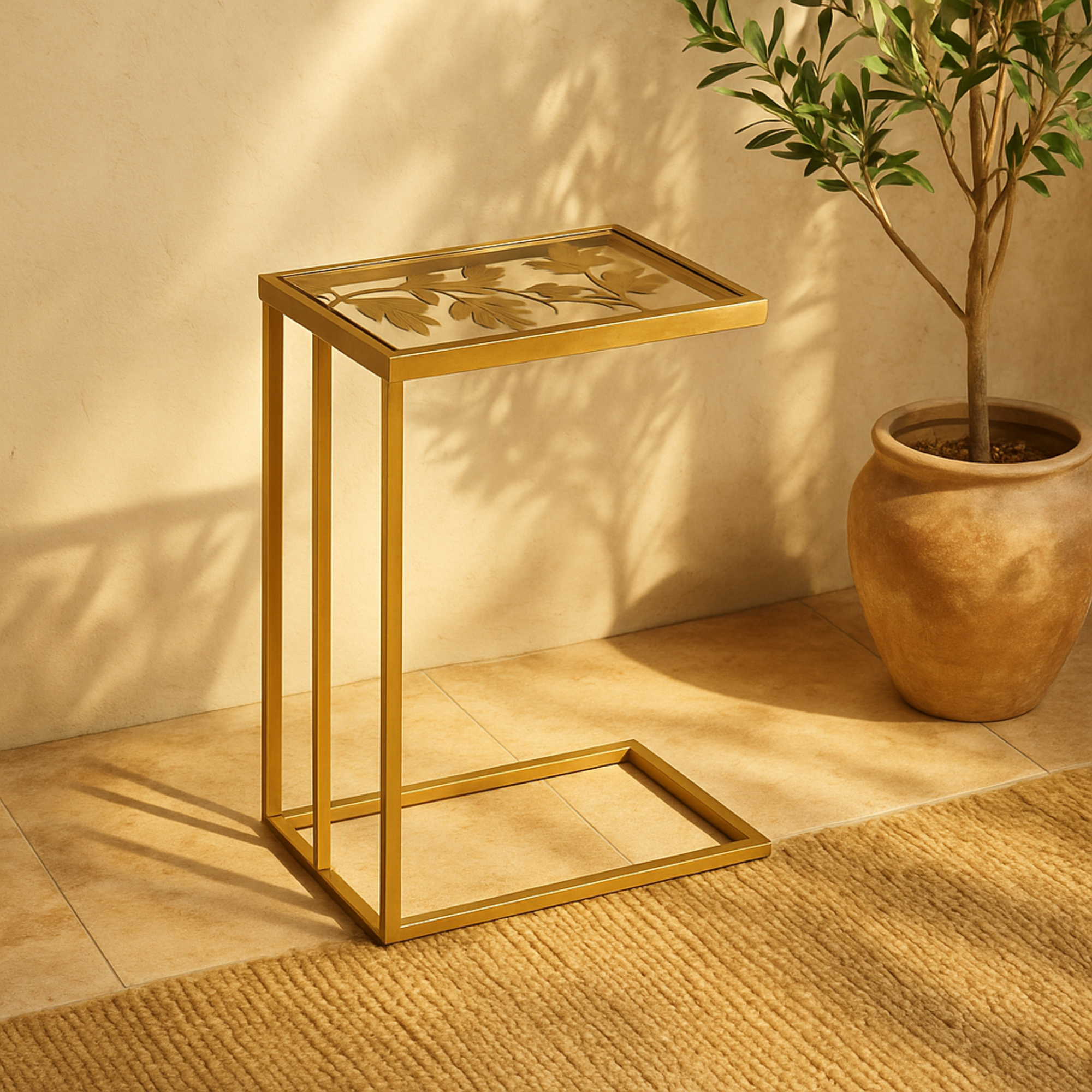 Gold Metal Side End Accent Table with Clear Glass Top