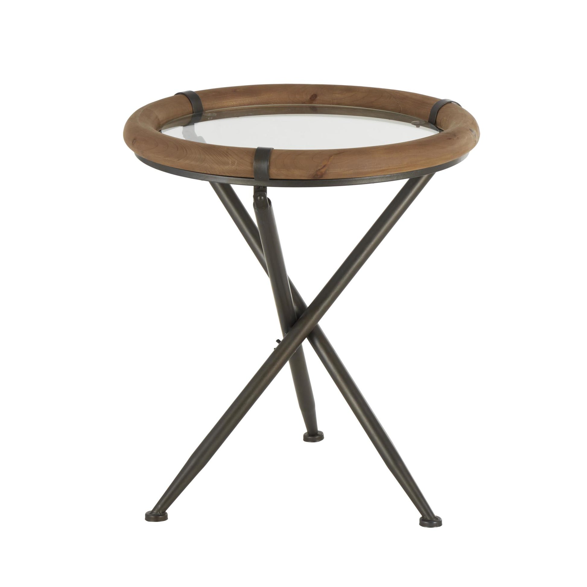 Brass Metal Round Side End Accent Table with Brown Wooden Framed Glass Tabletop