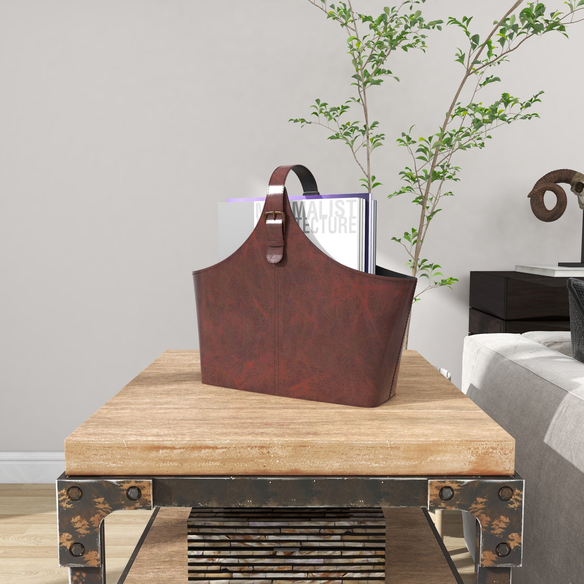 Leather Handmade Box Style Decorative Magazine Holder with Detail Stitching and Curved Buckle Handle
