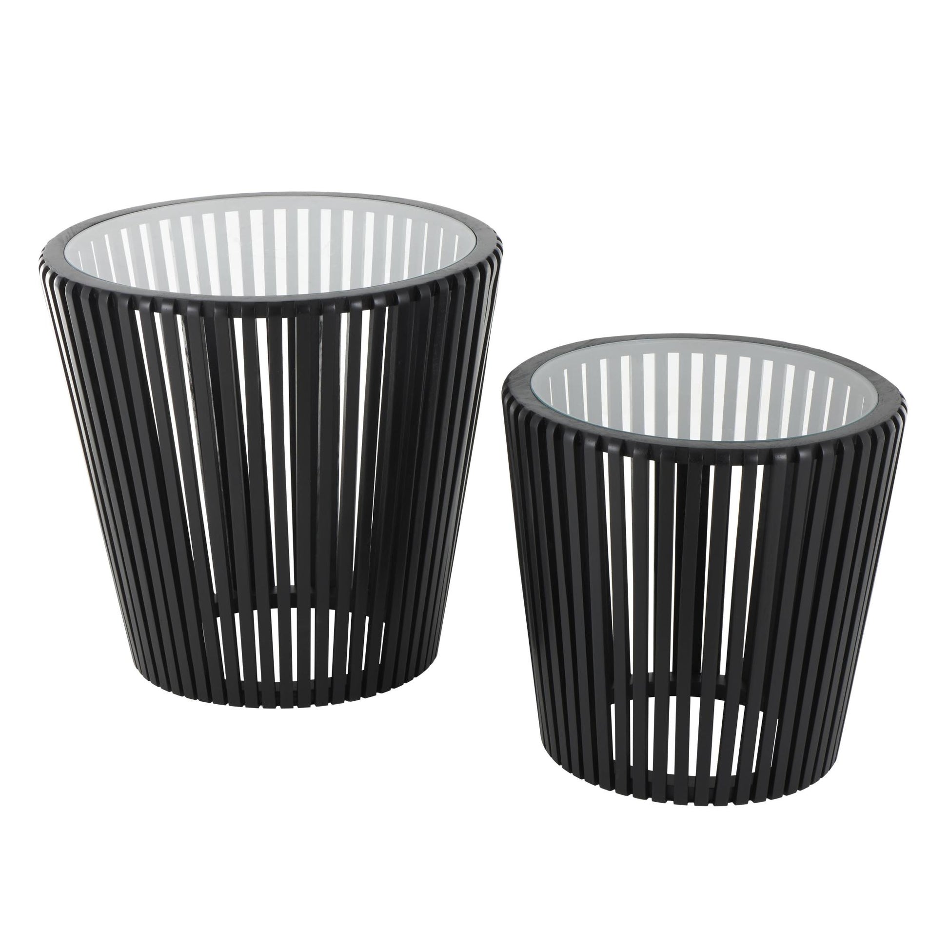 Set of 2 Black Wood Cage Inspired Side End Accent Table with Clear Glass Tabletop
