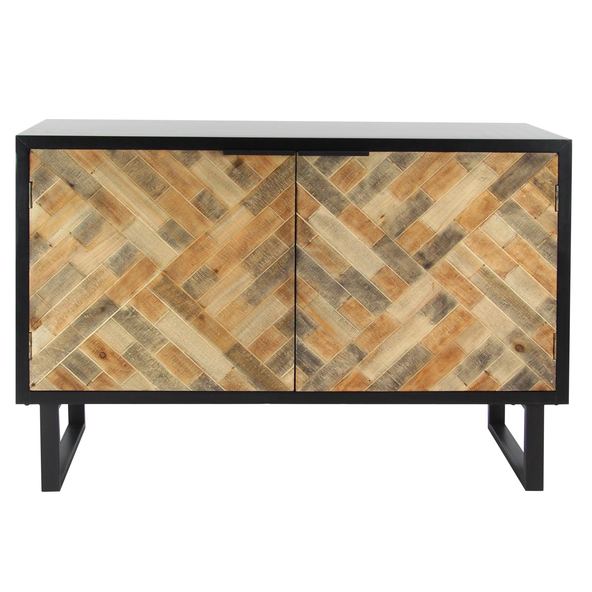 Geometric Black Wood 2 Door Room Cabinet with Wood Inlay