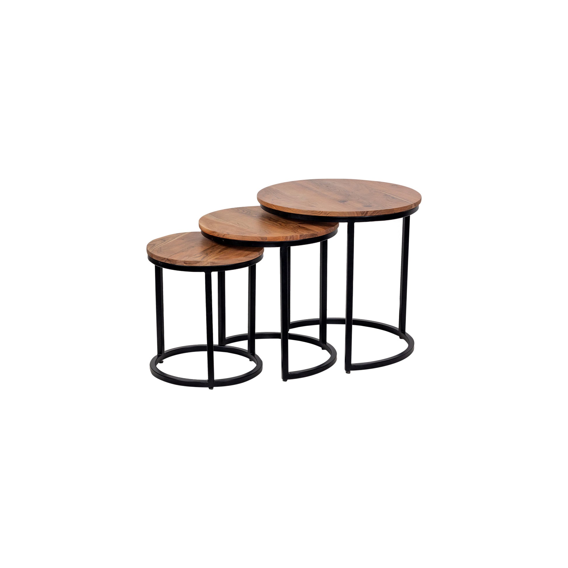 Brown Wood Nesting Side End Accent Table with Round Black Iron Frames