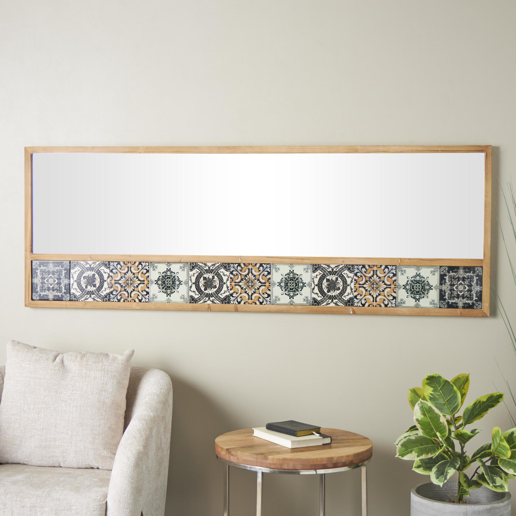 Floral Brown Wood Room Wall Mirror with Patterned Mosaic Tile Edge