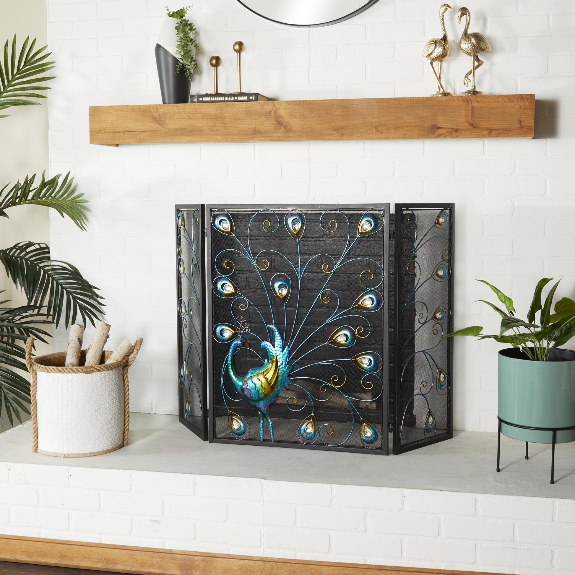 Peacock Blue Metal Rainbow 3 Panel Living Room Fireplace Screen with Crystal Accents and Black Frame