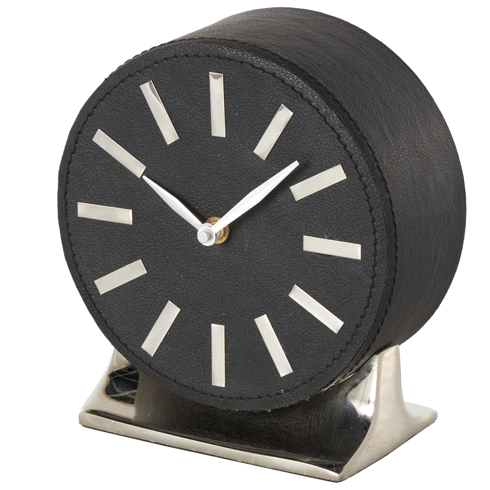 Faux Leather Round Decorative Clock with Silver Rectangular Base