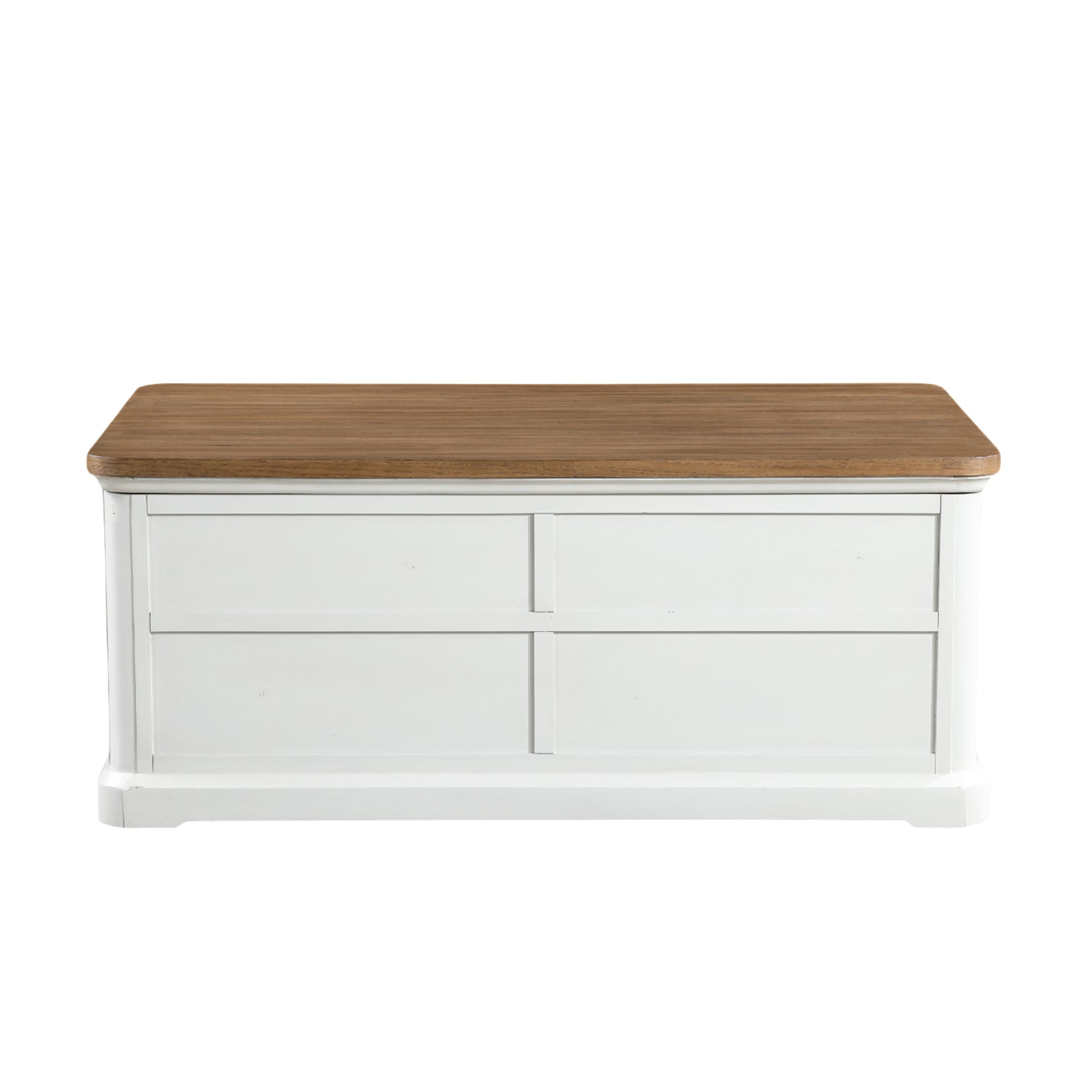 White Wood Lift Top Hidden Storage 4 Drawer Living Room Coffee Table with Brown Wood Tabletop and Black Round Knobs
