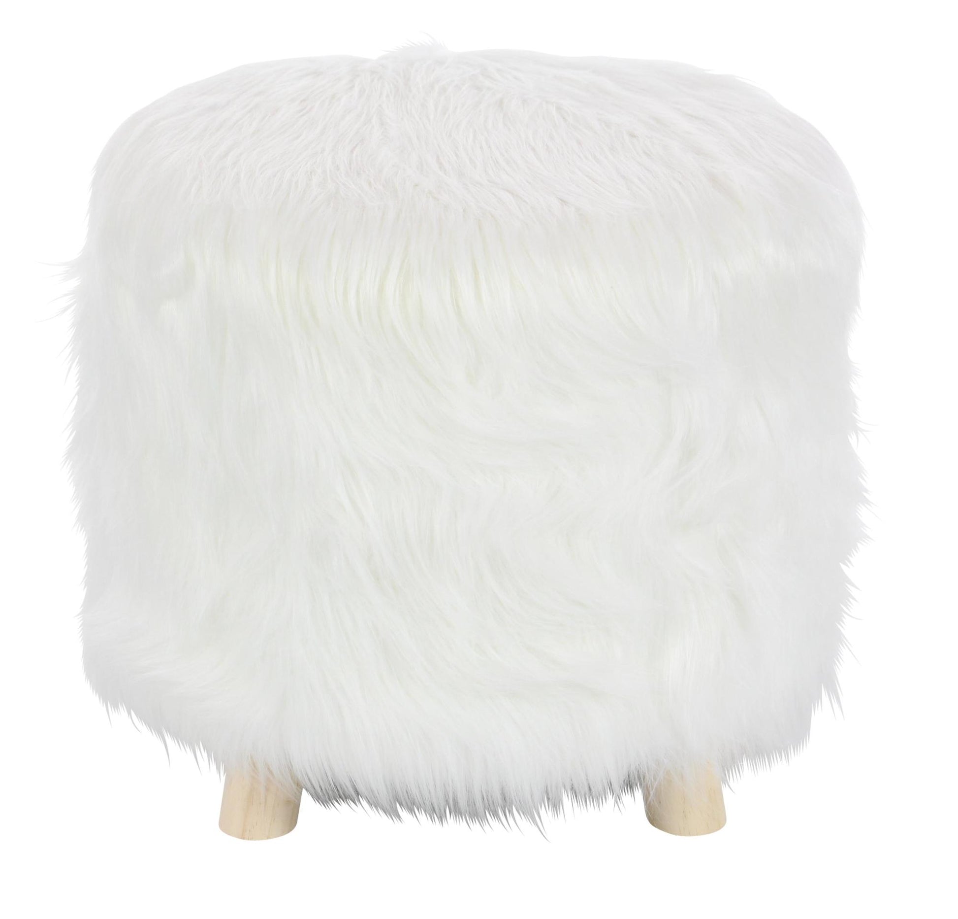 White Polyester Living Room Stool with Faux Fur