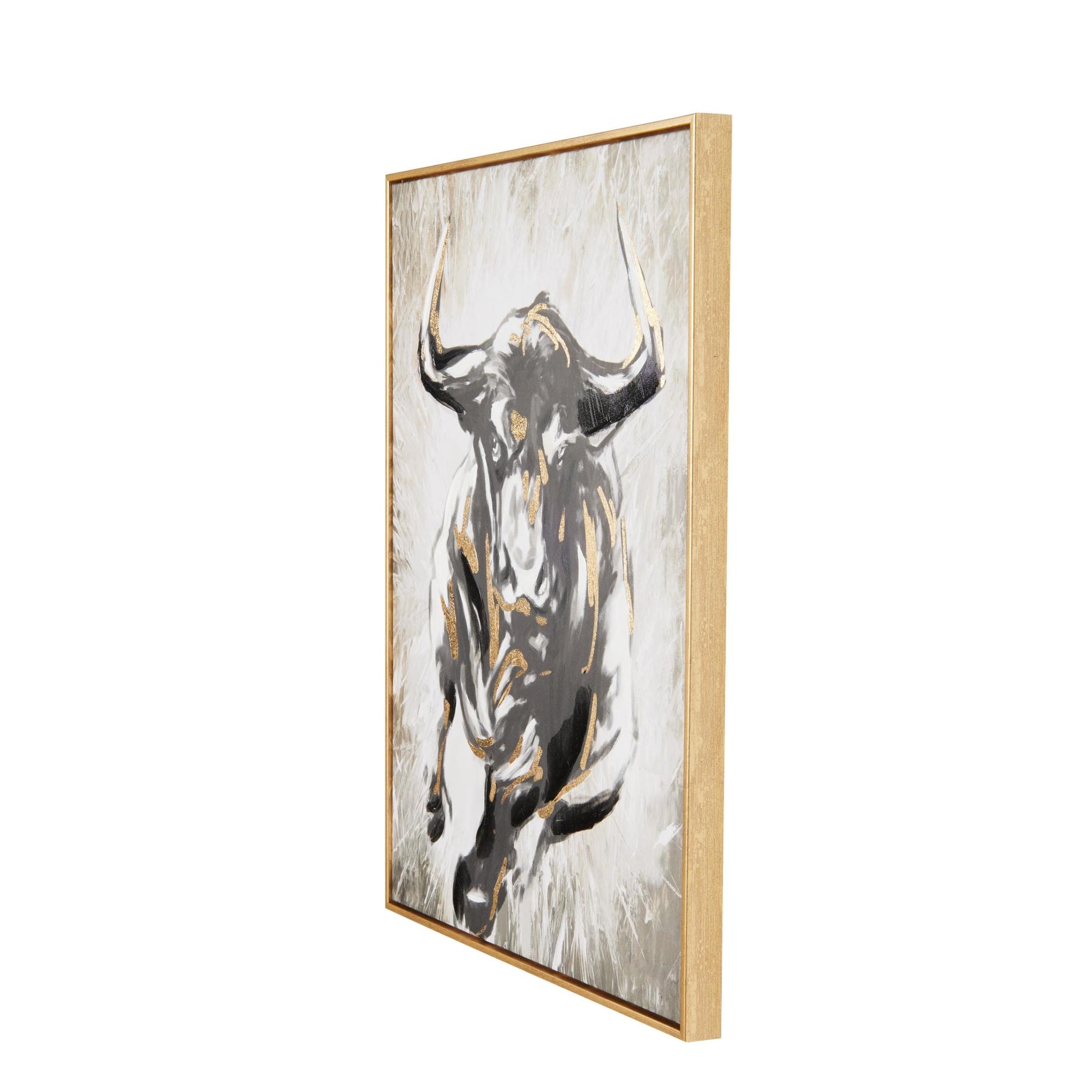 Bull Gold Canvas Shaded Running Living Room Framed Wall Art with Cream and Gold Foil Accents