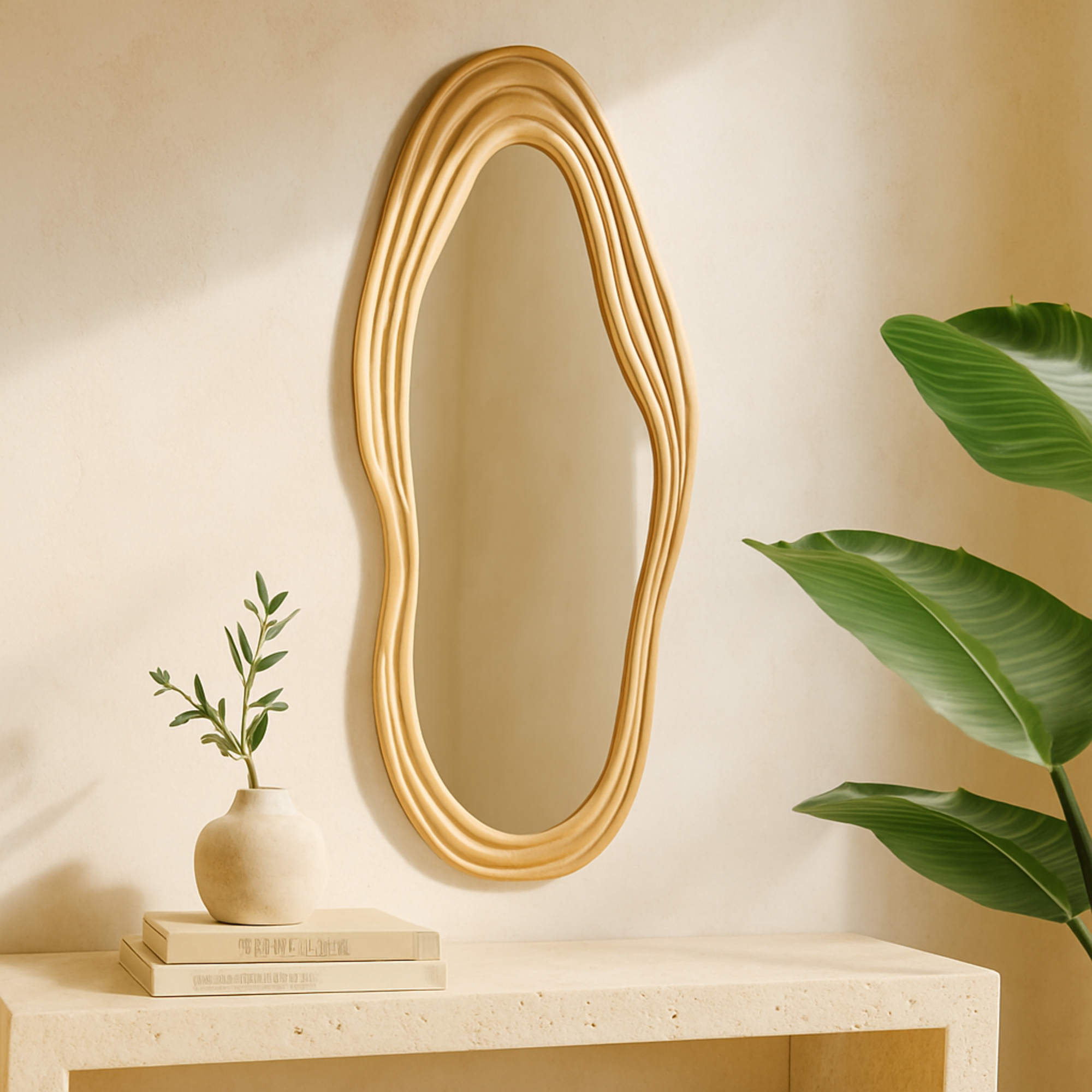 Abstract Brown Wood Wavy Room Wall Mirror with Dimensional Carved Frame