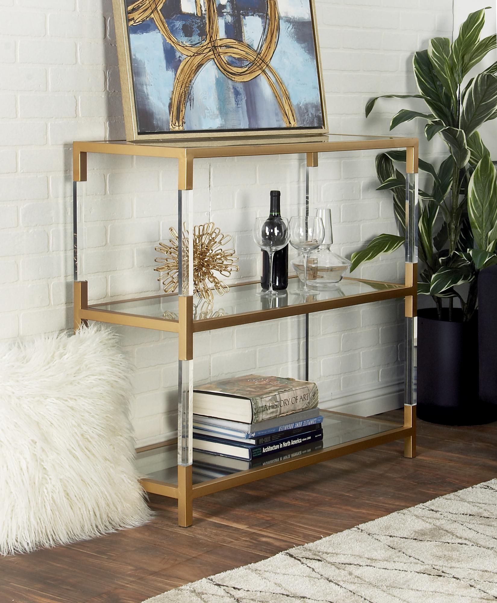Gold Metal 2 Shelf Living Room Console Table with Clear Glass Top and Acrylic Legs