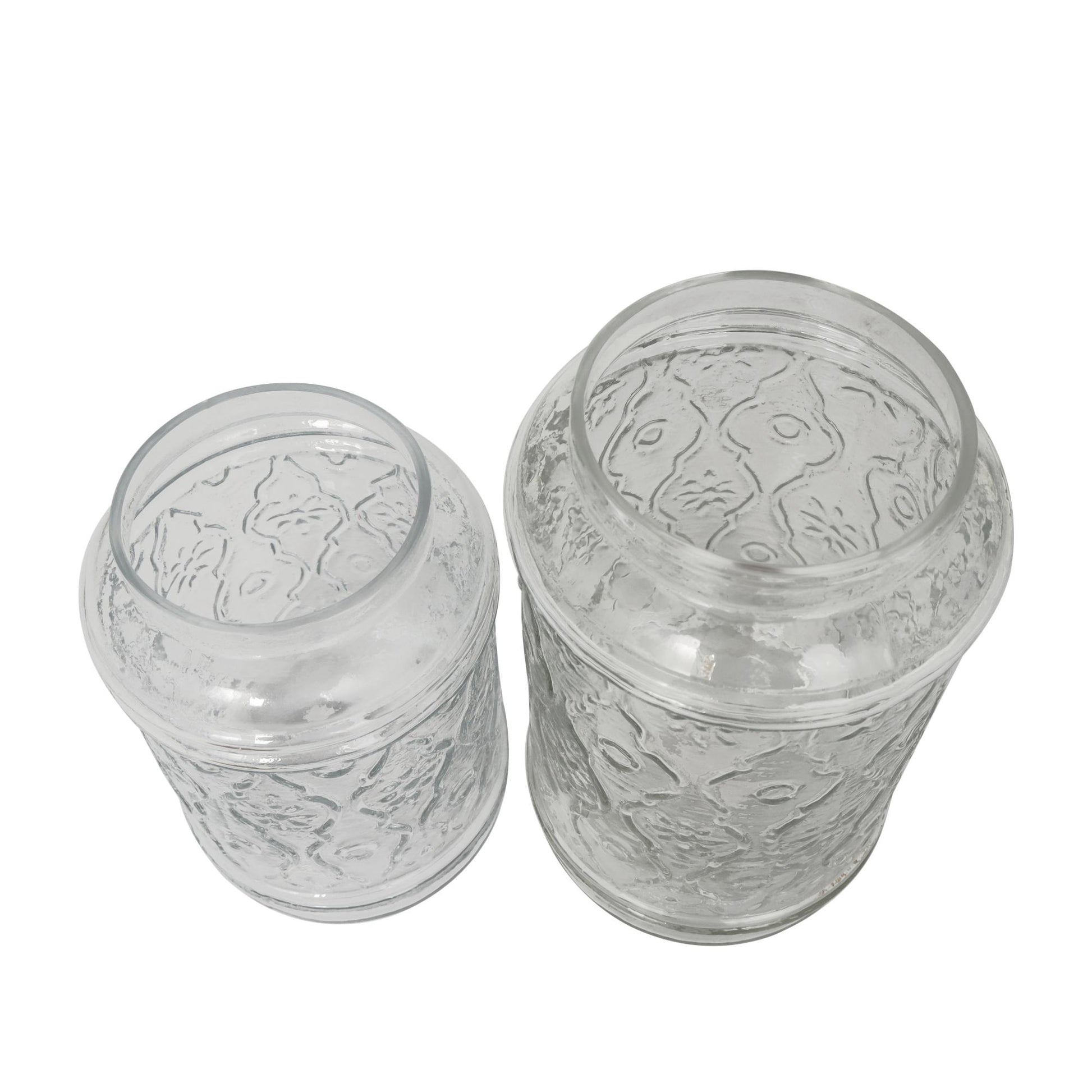 Set of 2 Floral Clear Glass Living Room Decorative Jars with Brown Wooden Lids and Antique Style Knobs