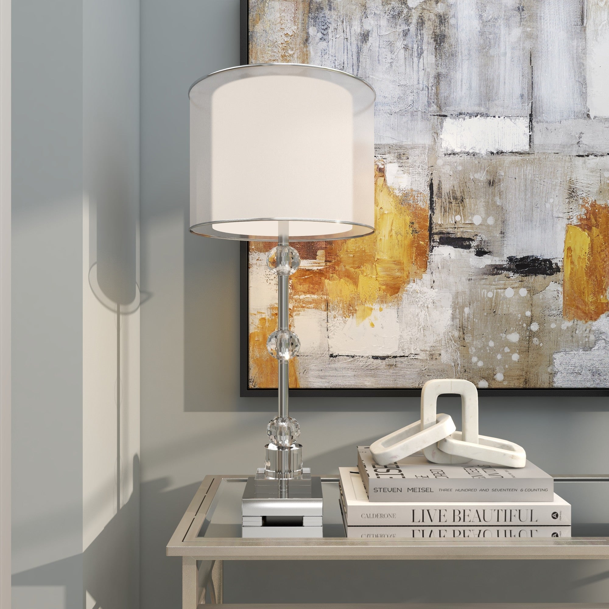 Silver Glass Room Table Lamp with Crystal Embellishments