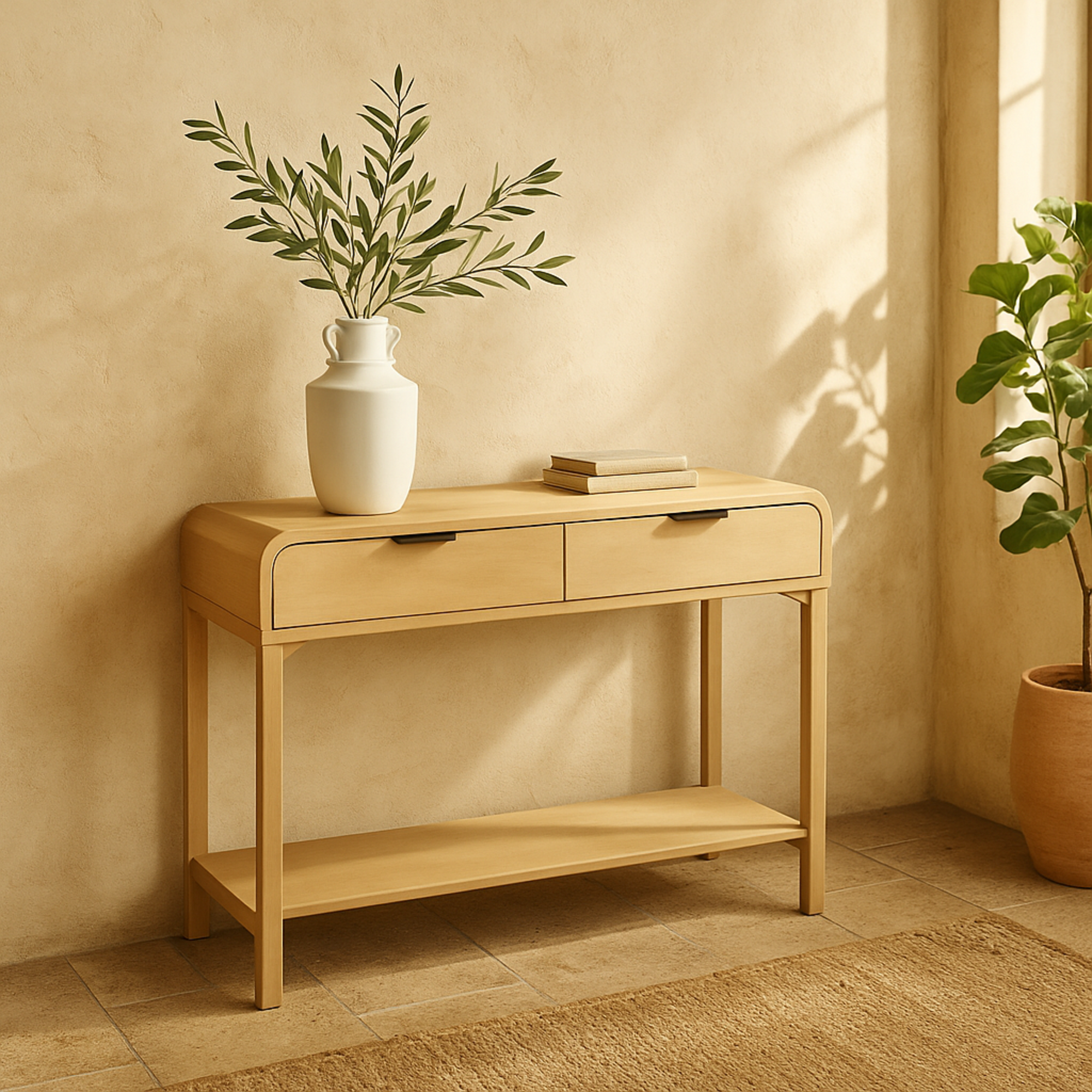 Beige Wood Handmade 2 Drawer Living Room Console Table with Black Handles