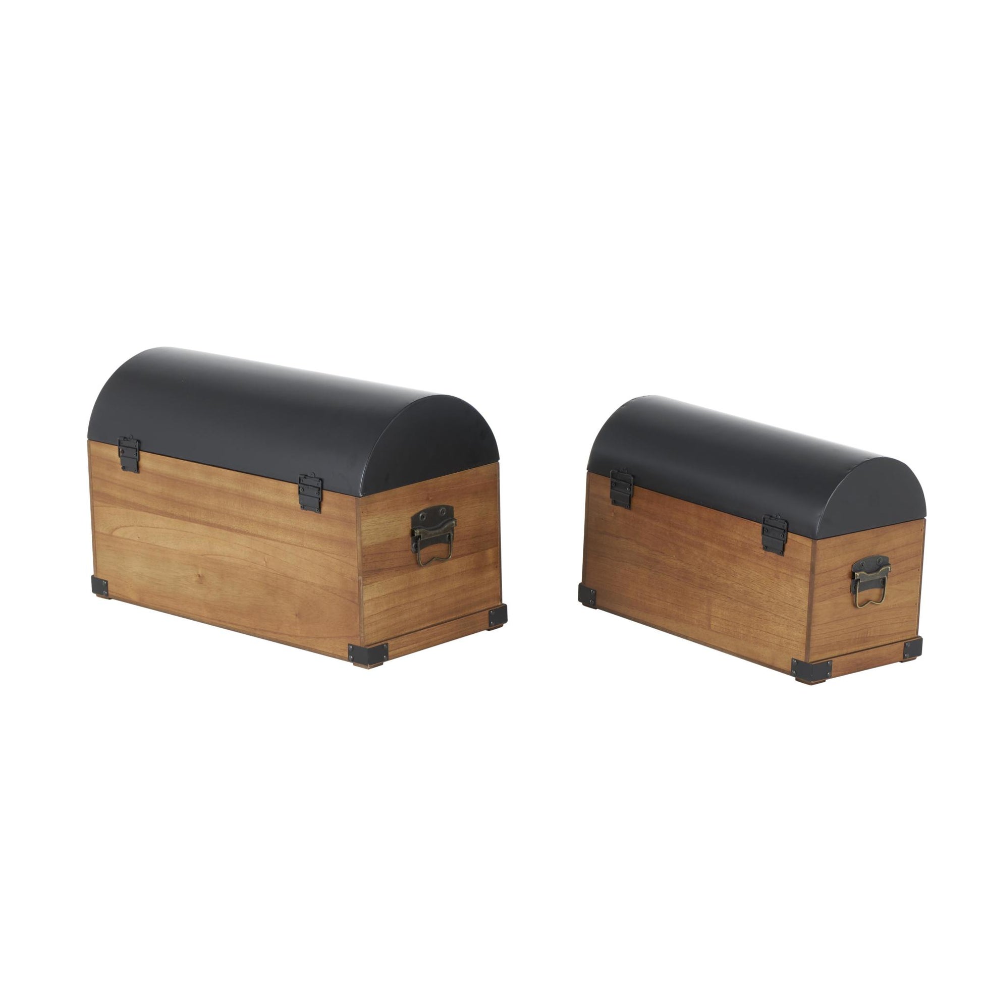 Set of 2 Brown Wooden Studded Storage Decorative Trunk with Black Metal Arched Tops and Vertical Strips