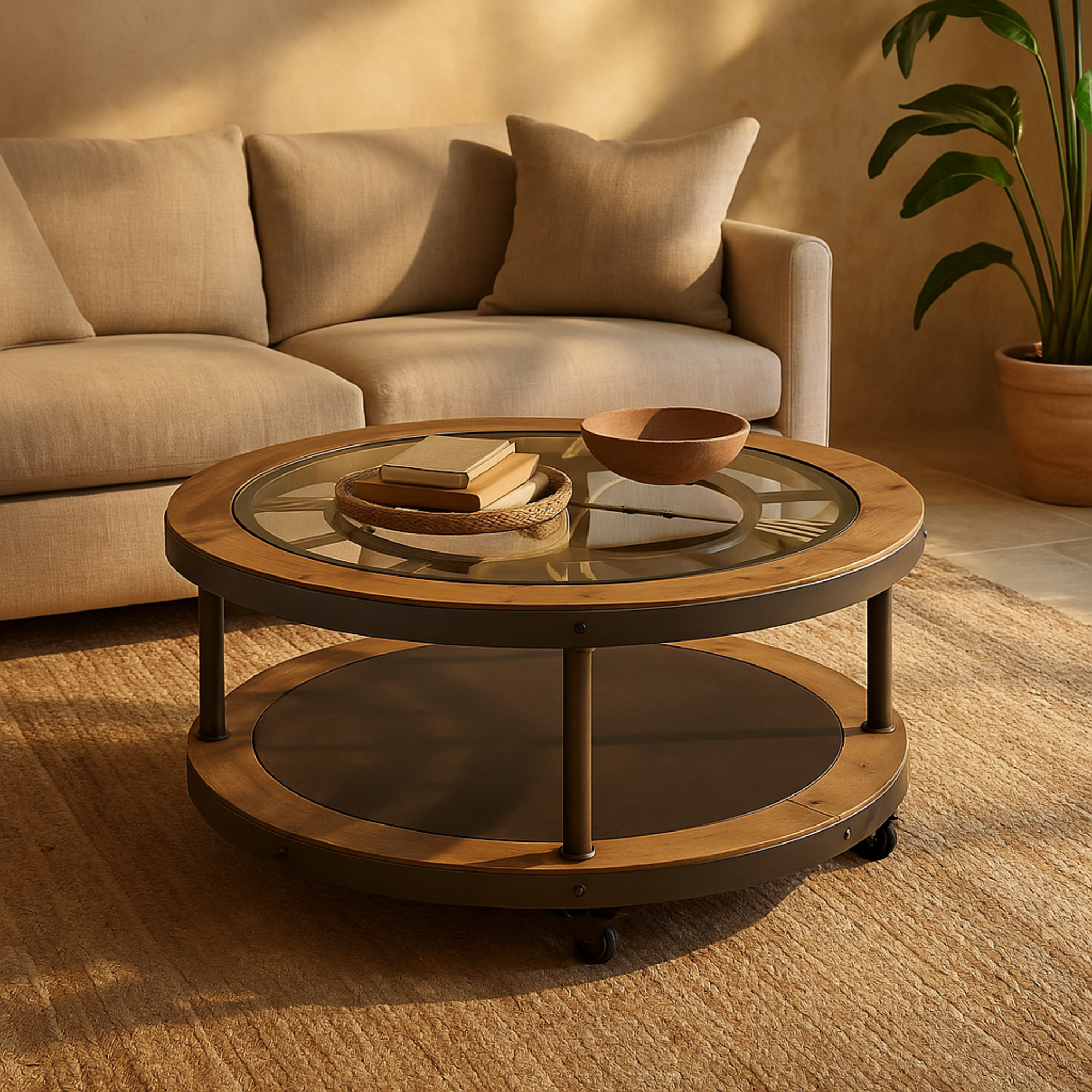 Light Brown Wooden Living Room Coffee Table with Clock Top