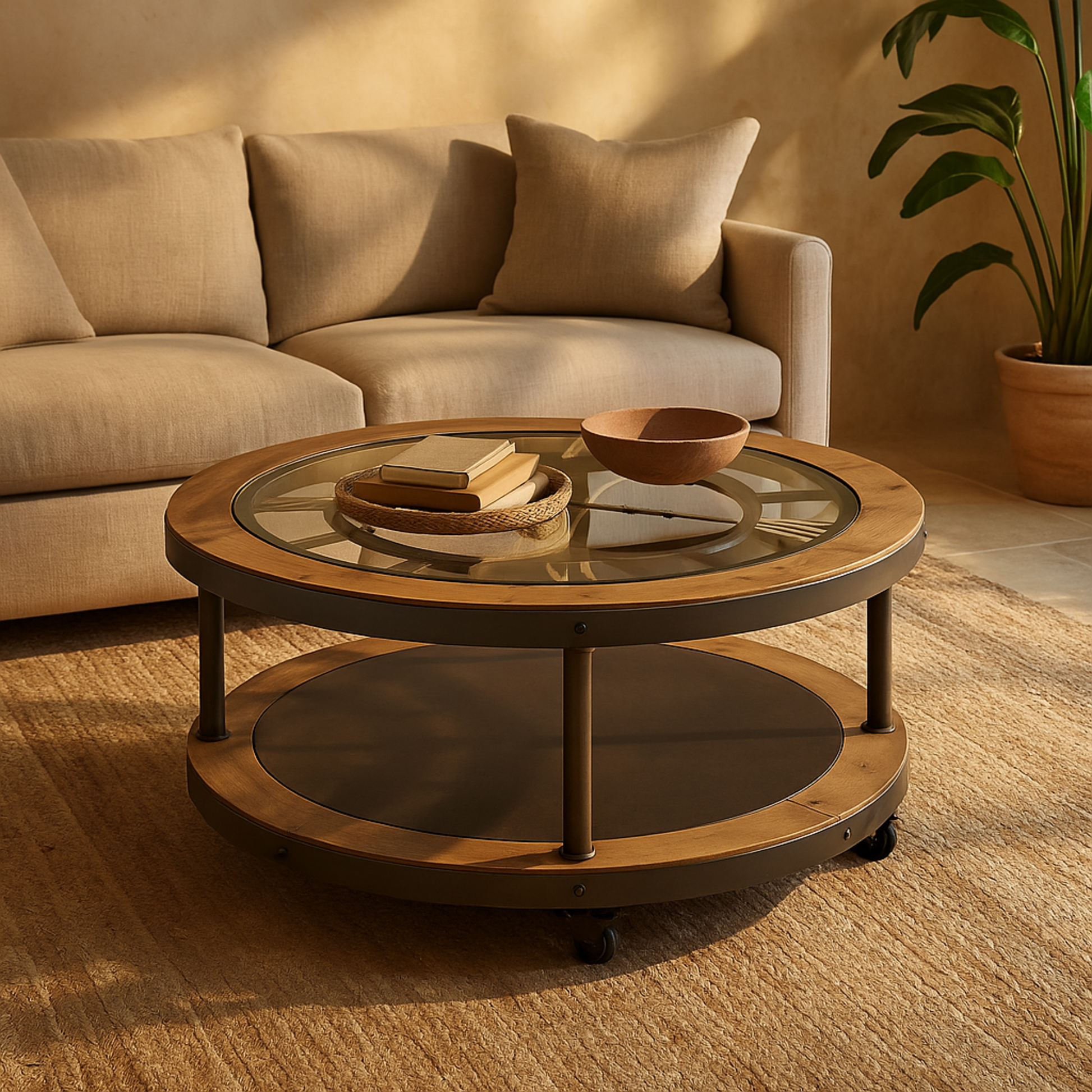 Light Brown Wooden Living Room Coffee Table with Clock Top