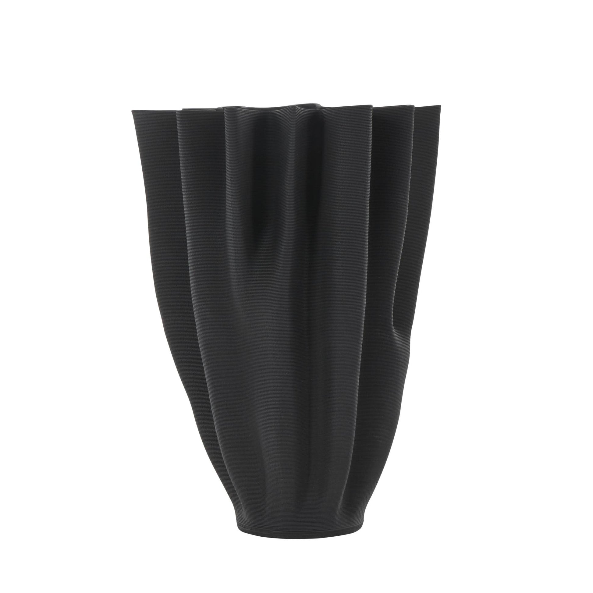 Abstract Black Ceramic Dimensional Ribbed Tulip Decorative Vase with Angular Rim