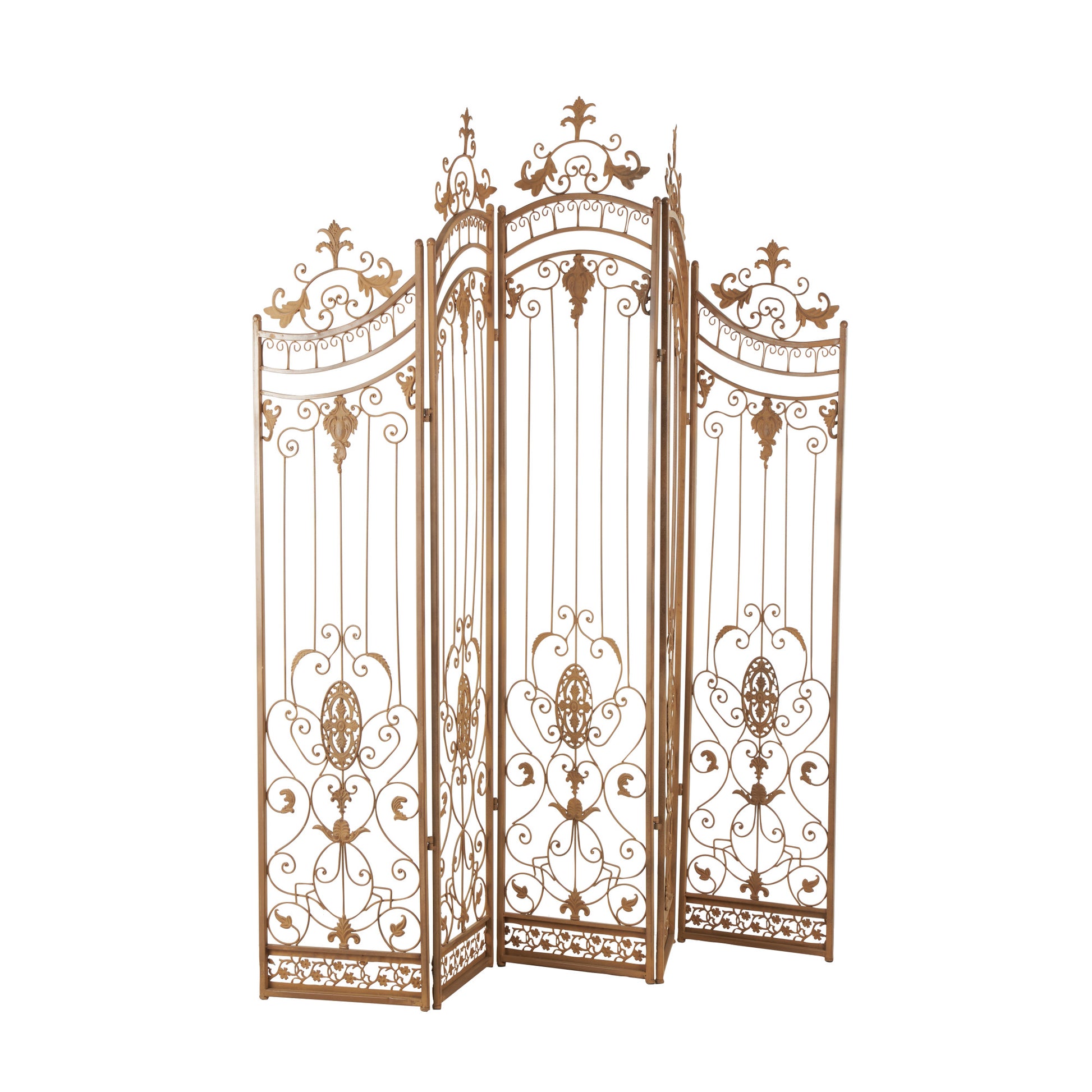 Scroll Bronze Metal Hinged Foldable Arched Partition 5 Panel Partition Room Divider Screen