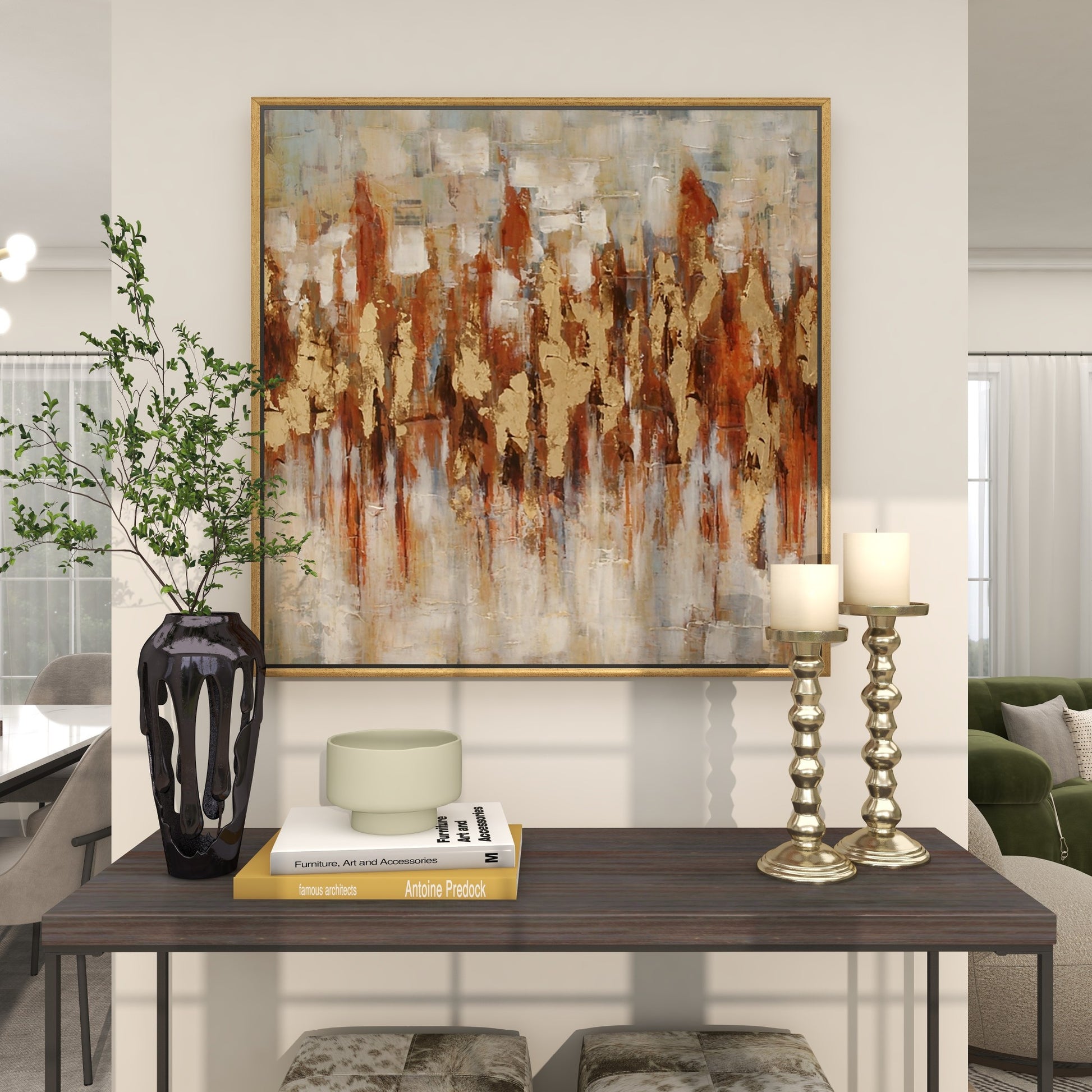 Abstract Gold Canvas Living Room Framed Wall Art with Gold Frame