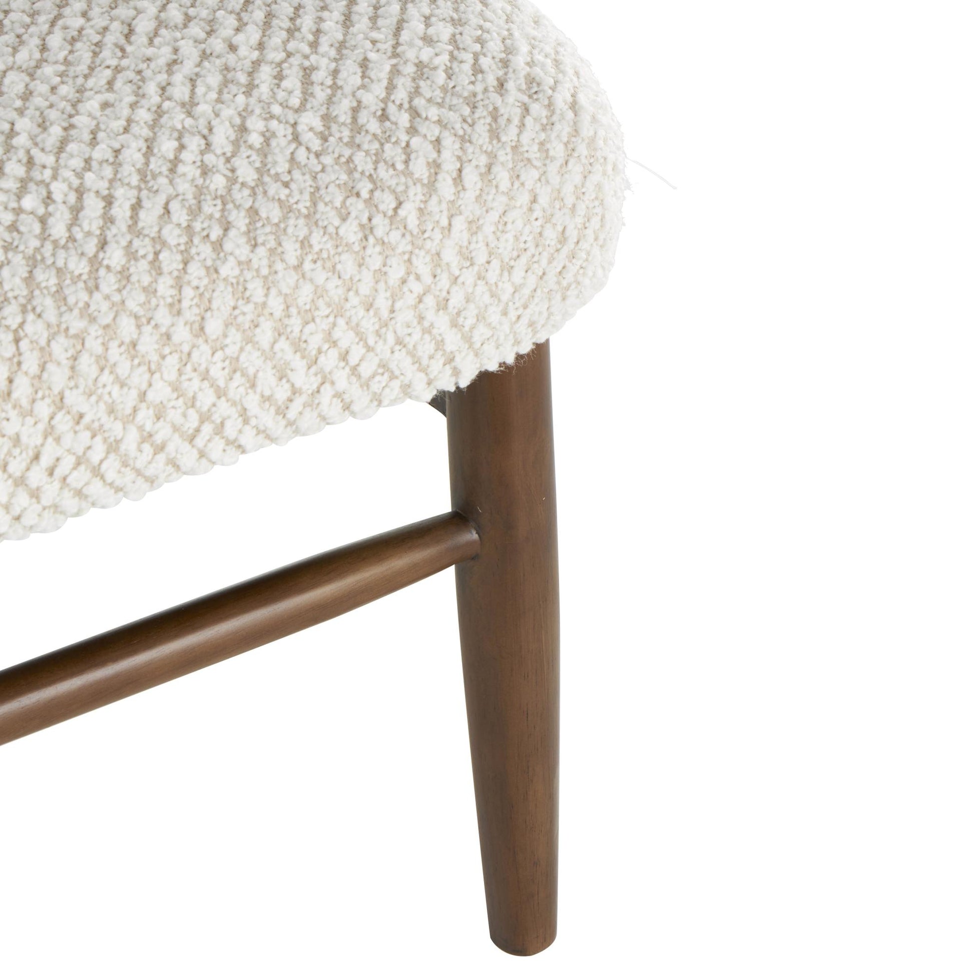 Dark Brown Wood Living Room Accent Chair with Cream Boucle Upholstery and Tan Rattan Backrest