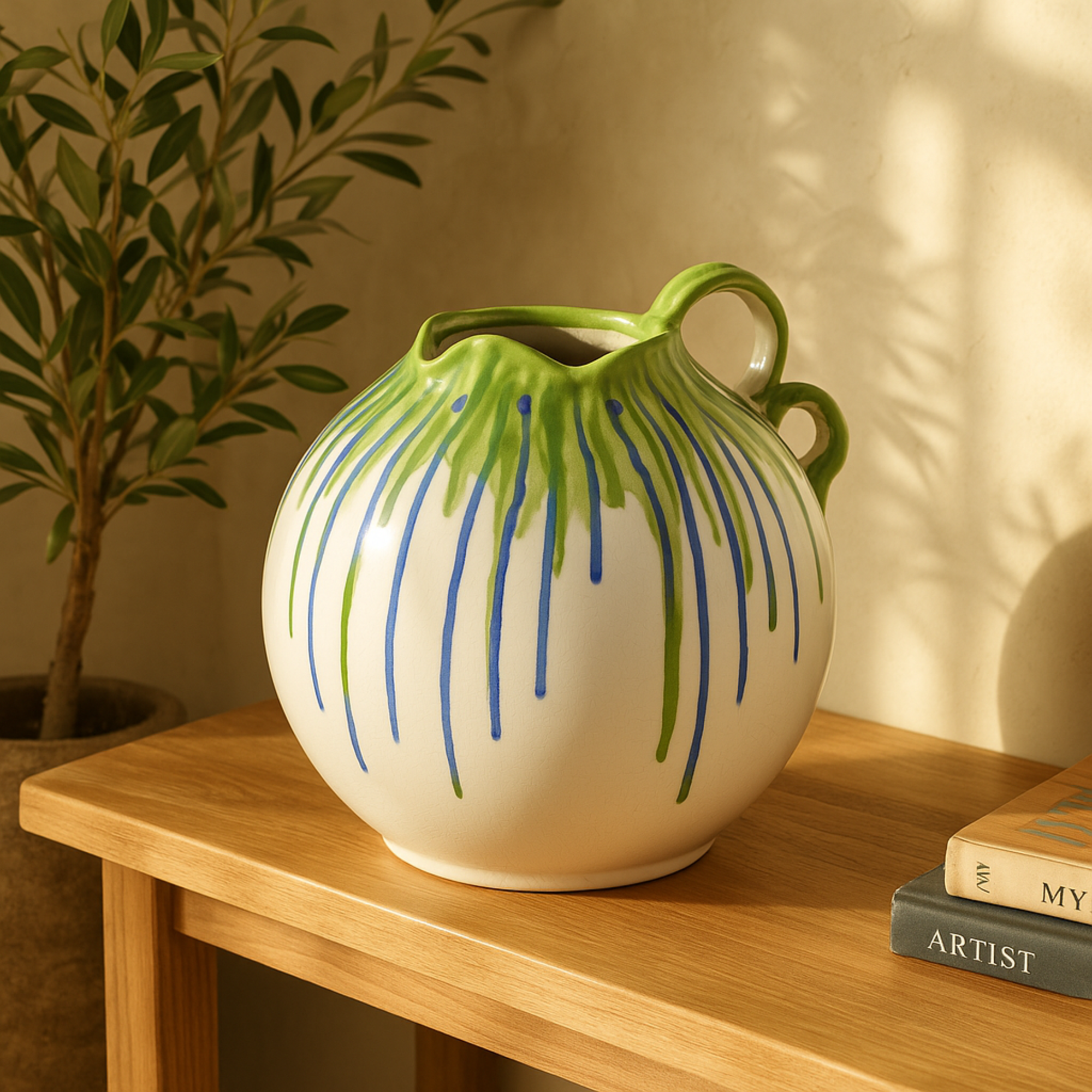 Abstract White Ceramic Decorative Vase with Green and Blue Drip Design and Handles