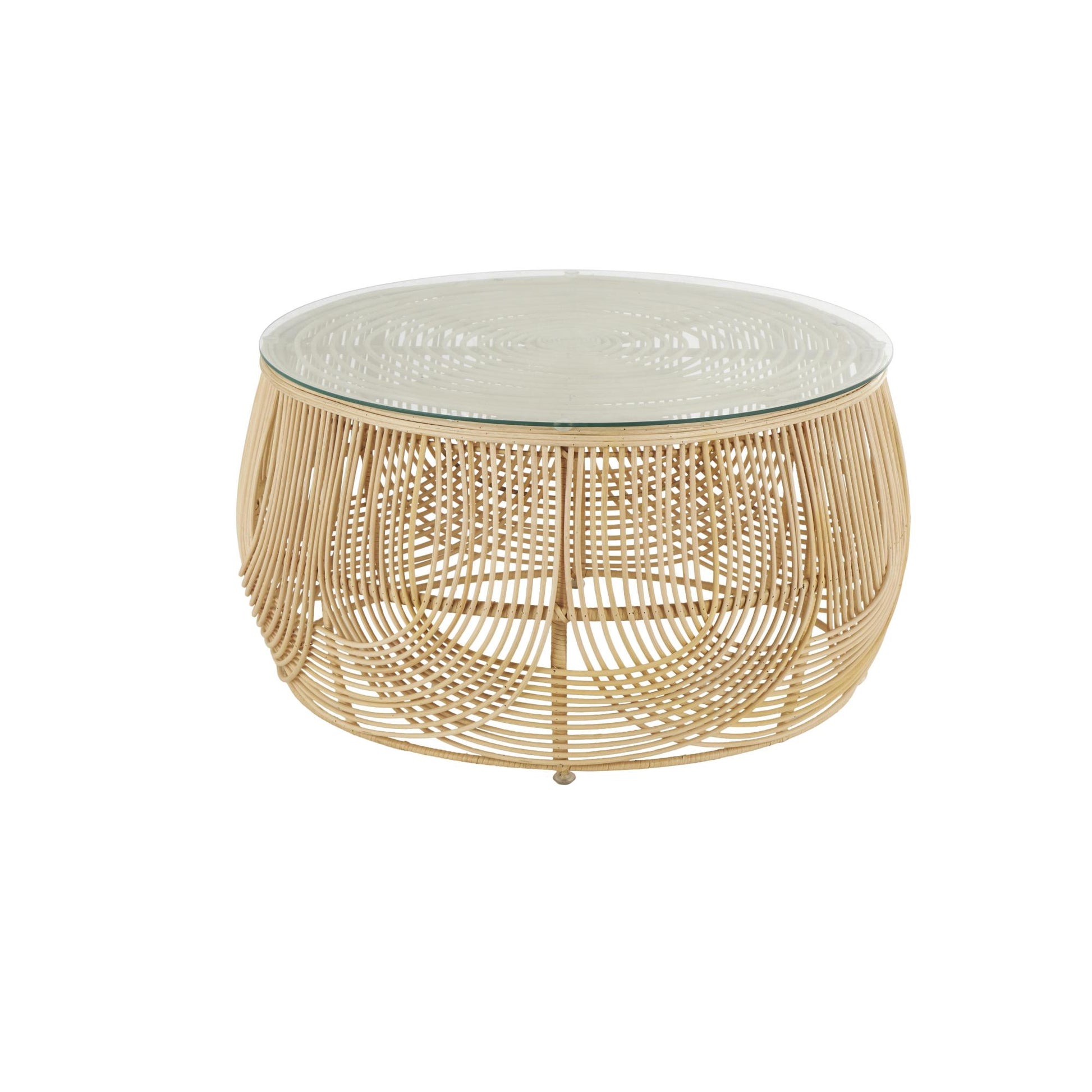 Light Brown Rattan Living Room Coffee Table with Glass Top